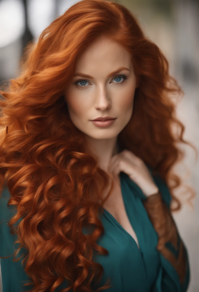 arafed woman with long red hair and blue eyes posing for a picture, curly copper colored hair, orange skin and long fiery hair, orange flowing hair, ginger wavy hair, flowing ginger hair, red curled hair, long curl red hair, red hair and attractive features, orange glowing hair, beautiful redhead woman, wavy big red hair, wild ginger hair, wearing a business suit