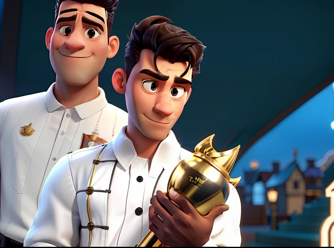 A guy with a bit of a big nose holding a trophy with a stylish pompadour
