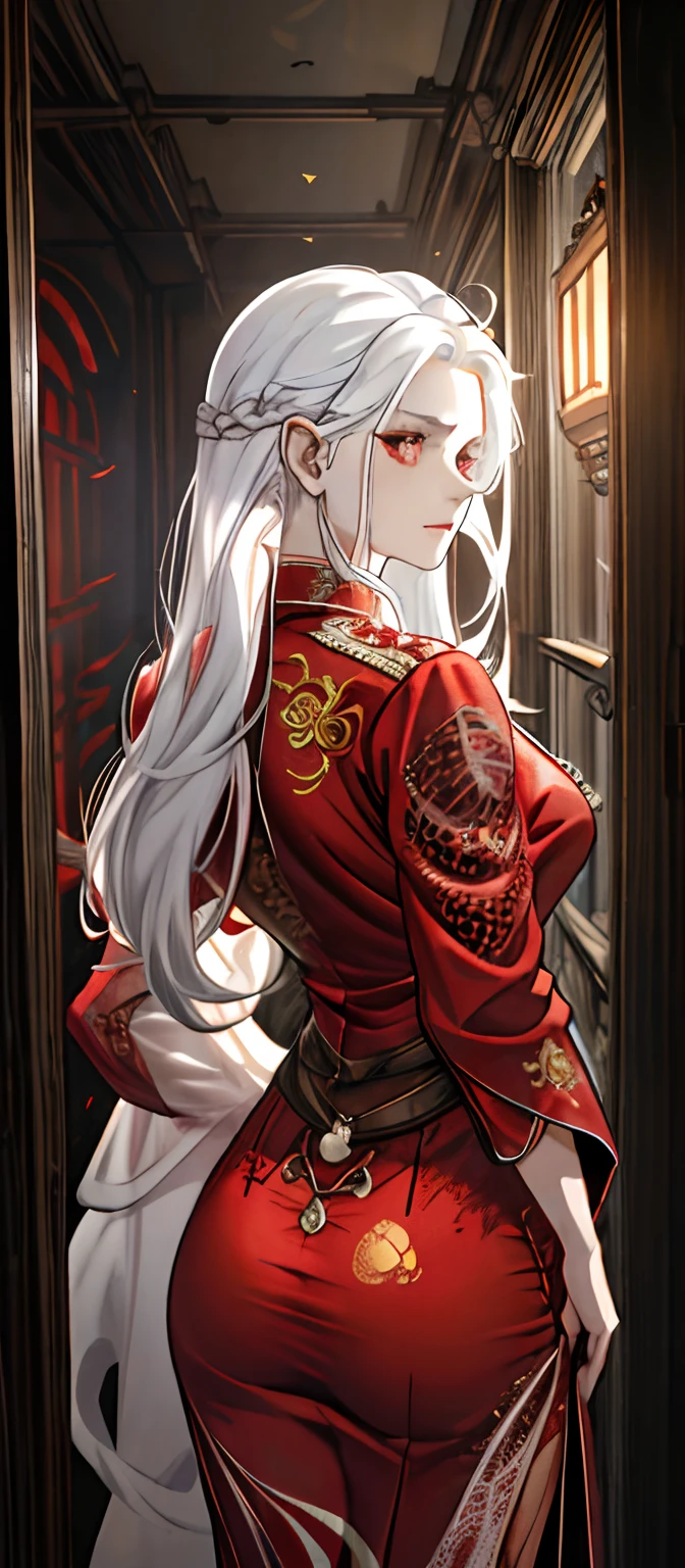 1female, White hair, Red eyes, (woman,Royal Sister_Shot:1.2), Ass focus, Long hair, side locks,Expressions of danger,Extreme panic,Close-up of the front of the butt,After being violated ,Scared,(terrified:1.1) expression,Watching from behind,Back view, Atmospheric lighting, Moody, Darkness, In an abandoned old museum, Clear glass display case full of interesting items, Dusty, Post-apocalypse, spiderwebs, masterful, Beautiful 8k wallpaper,Camel hooves ,Extremely detailed, Intricate,a warm color palette,Half naked chest,huge tit(D),plethora of colors,bright sun,Wear a gorgeous coat,Wear a red cheongsam inside,Broken clothes,a queen,Beautiful young woman,big assa(f),Cocked buttocks