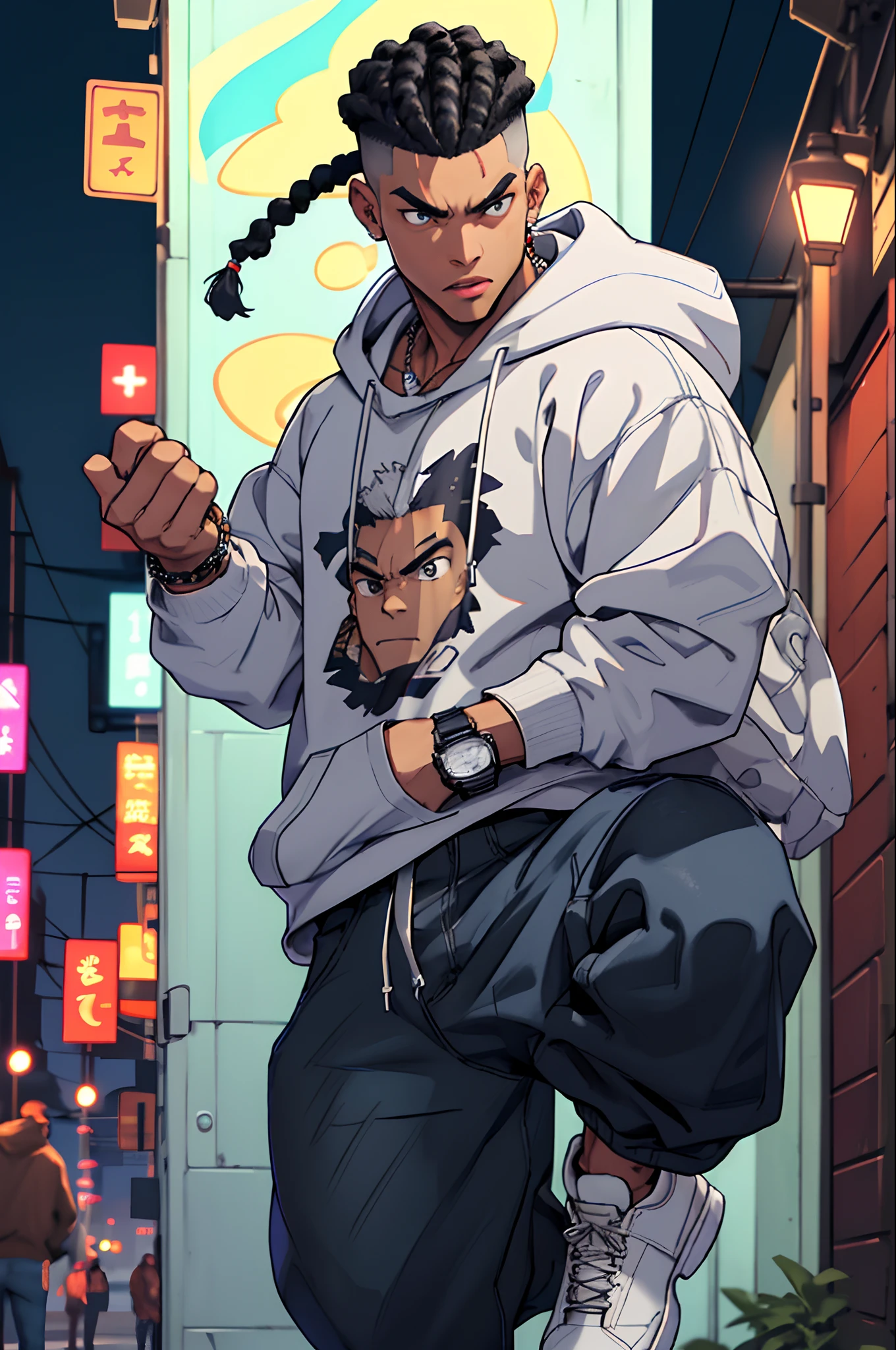 Draw A cute lightskin male street fighter with black taper fade braids. Wearing a black hoodie and baggy jeans and white sneakers and Wearing silver necklace and silver watch and floating in the air at night time