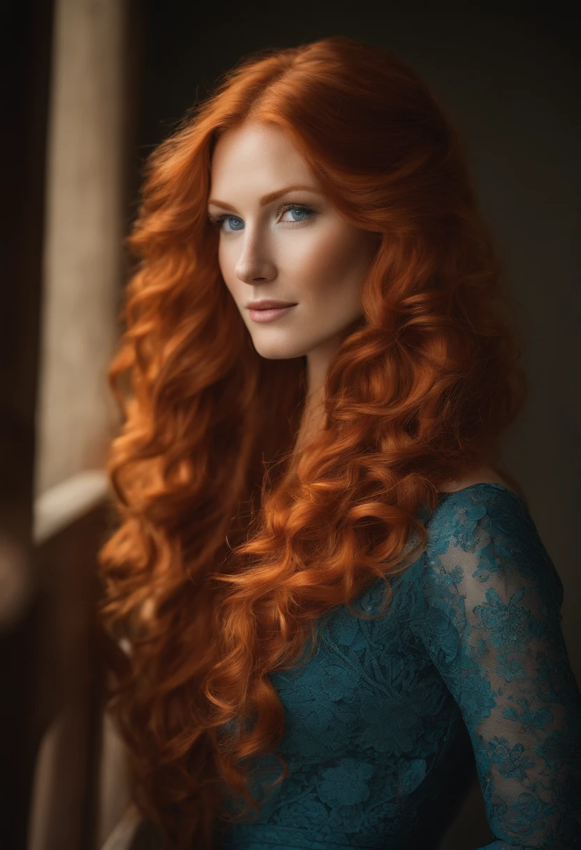 arafed woman with long red hair and blue eyes posing for a picture, curly copper colored hair, orange skin and long fiery hair, orange flowing hair, ginger wavy hair, flowing ginger hair, red curled hair, long curl red hair, red hair and attractive features, orange glowing hair, beautiful redhead woman, wavy big red hair, wild ginger hair, wearing a black dress