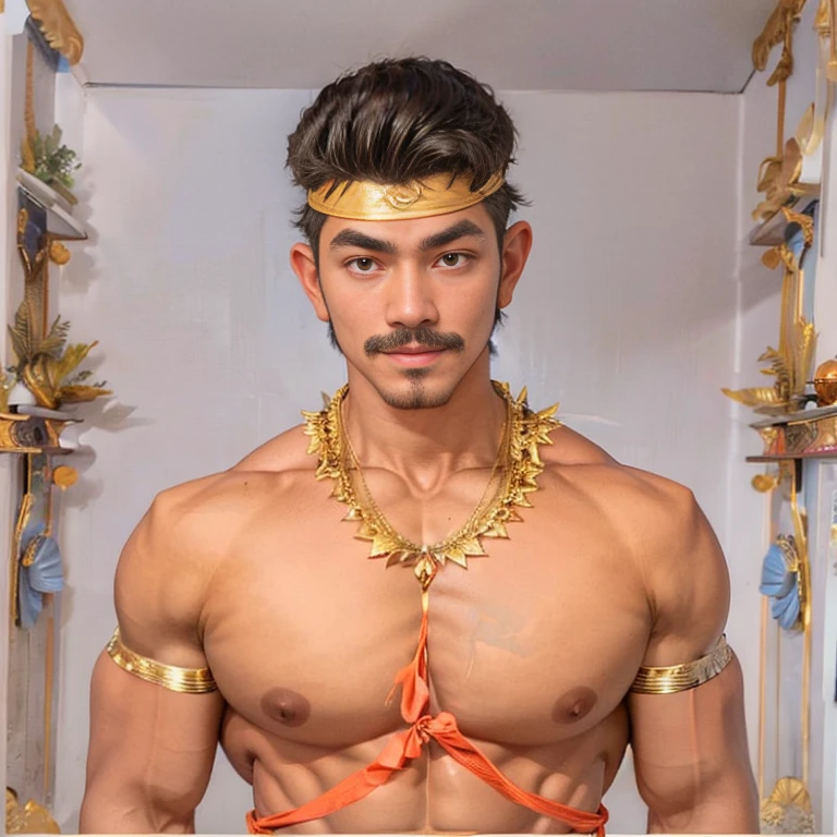 masuter piece、well built、jefri nichol a javanese Male、Age 15、Hot Guy、lite moustache, muscular、macho、wearing majapahit kingdom costume, gold head band, gold shoulder band, gold necklace, gold crown, hair bund,  long-haired、Fade Cut、bodybuilder, Large body、low angles、Real texture、wear sarong batik,