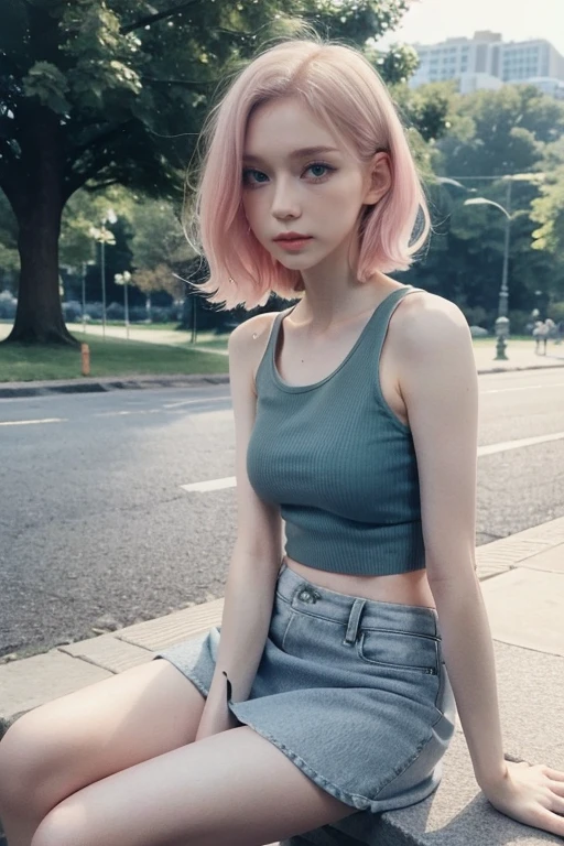 polaroid of 1 girl, gradient hair, pale skin, green eyes, blush, make up, medium breasts, slim body,white tank top, grey mini skirt, sitting in the park, cross legs