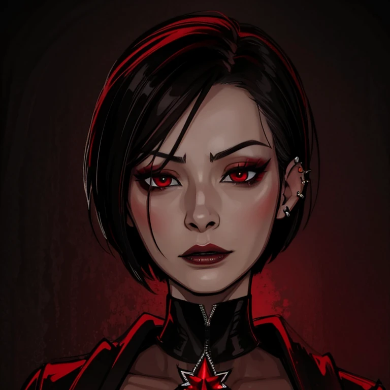 Ada wong, hooded, goth girl, autumn forest background, detailed, detailed, detailed, beautiful, detail, goth girl, masterpiece, red jewel centre head, dark night background, gothic, goth, goth, detailed, goth girl, piercings, detailed face, looking viewer, raven, (Dark eye shadow) dark eye shadow, black eye shadow,