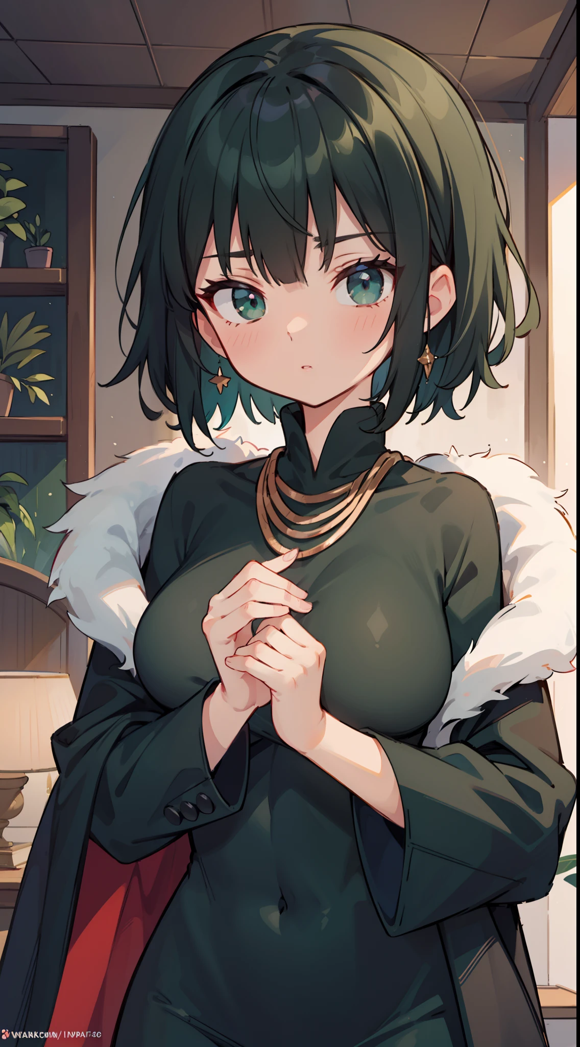 fubuki, fubuki, Black hair, (Green eyes:1.2), （Off-the-shoulder attire:1.5)Short hair,Large breasts，（cleavage:1.2)，
BREAK black dress, dress, Fur coat, High collar, jewelry, necklace, cropped shoulders, tight fit clothes, tightly dress,,
BREAK outdoors, City,
BREAK looking at viewer, Break (Masterpiece:1.2), Best quality, high resolution, Unity 8k wallpaper, (illustration:0.8), (Beautiful detailed eyes:1.6), Extremely detailed face, Perfect lighting, Extremely detailed CG, (Perfect hands, Perfect anatomy),