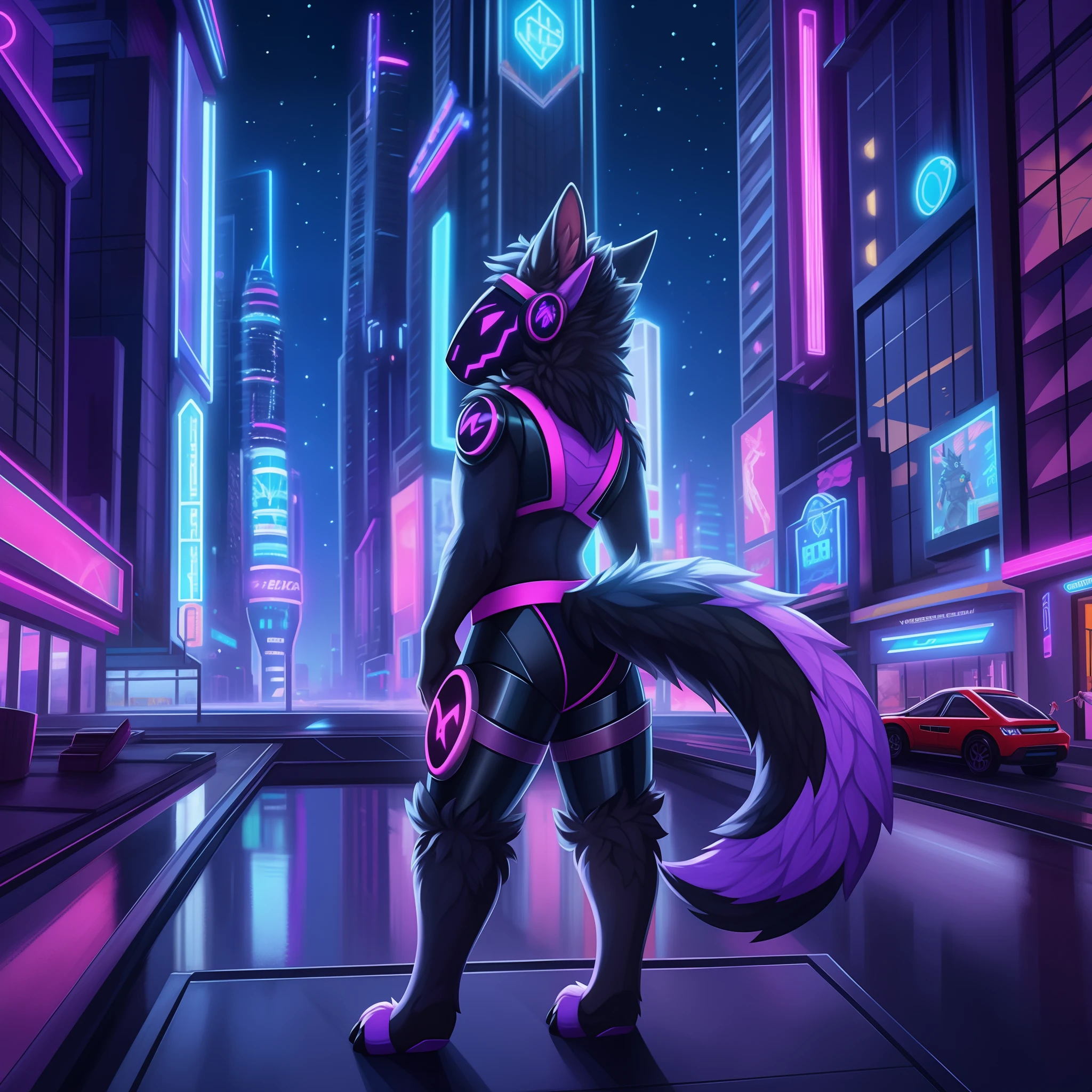 Protogen, furry art, masterpiece, great anatomy, black fur, neon purple details, detailed background, sci-fi, city, night, fluffy tail