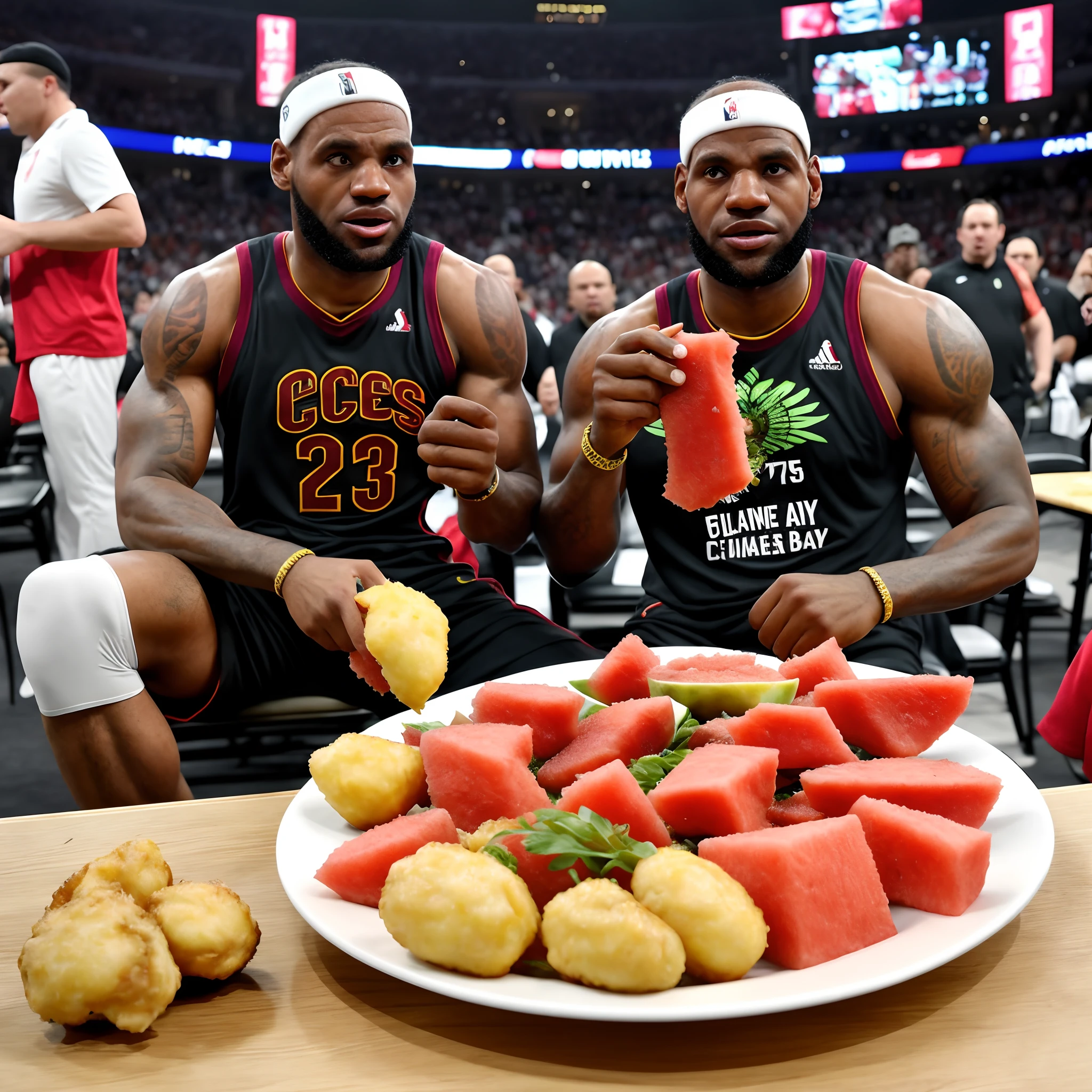 Lebron james eating fried chicken legs and watermelon