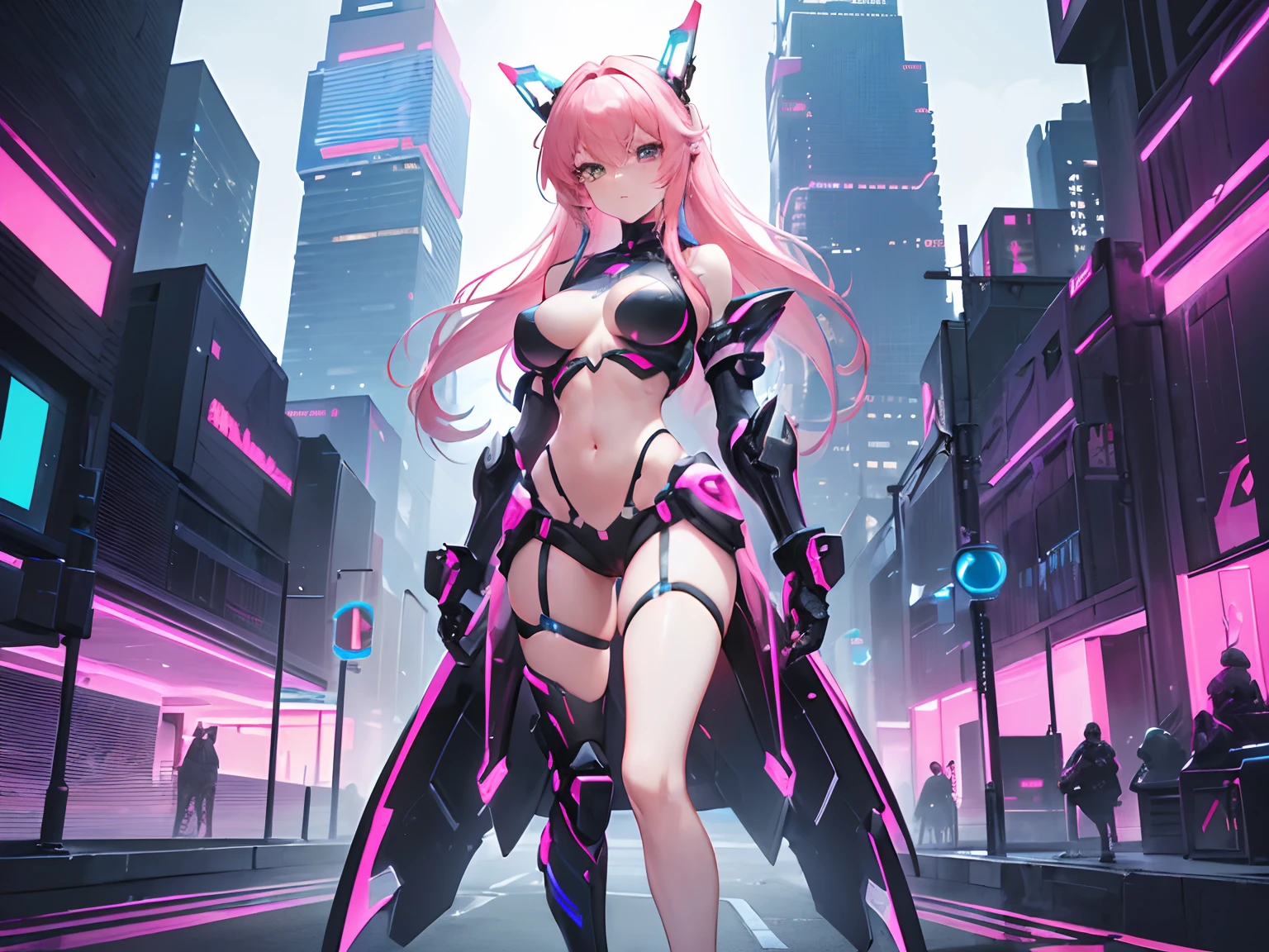 ((Masterpiece, Highest quality)), Detailed face, Beautiful face， full bodyesbian, Full of details, Highly detailed, Depth, Beautiful girl with pink hair，with hair dishevelled，long pink hair，Sick，White pupils，The legs are very thin，The legs are long, blue eyelashes, ​masterpiece, 1girl ((20year old, futuristic mech armor exposes navel, medium breasts,  flirting, looking towards camera, standing in the middle of a sci-fi futuristic urban street, neon lights and towering skyscrapers, futuristic and energetic atmosphere), ((nighttime)) ((low camera angle, ground view)) Tall and tall，Thin, 8k, ultrarealistik, oficial art,