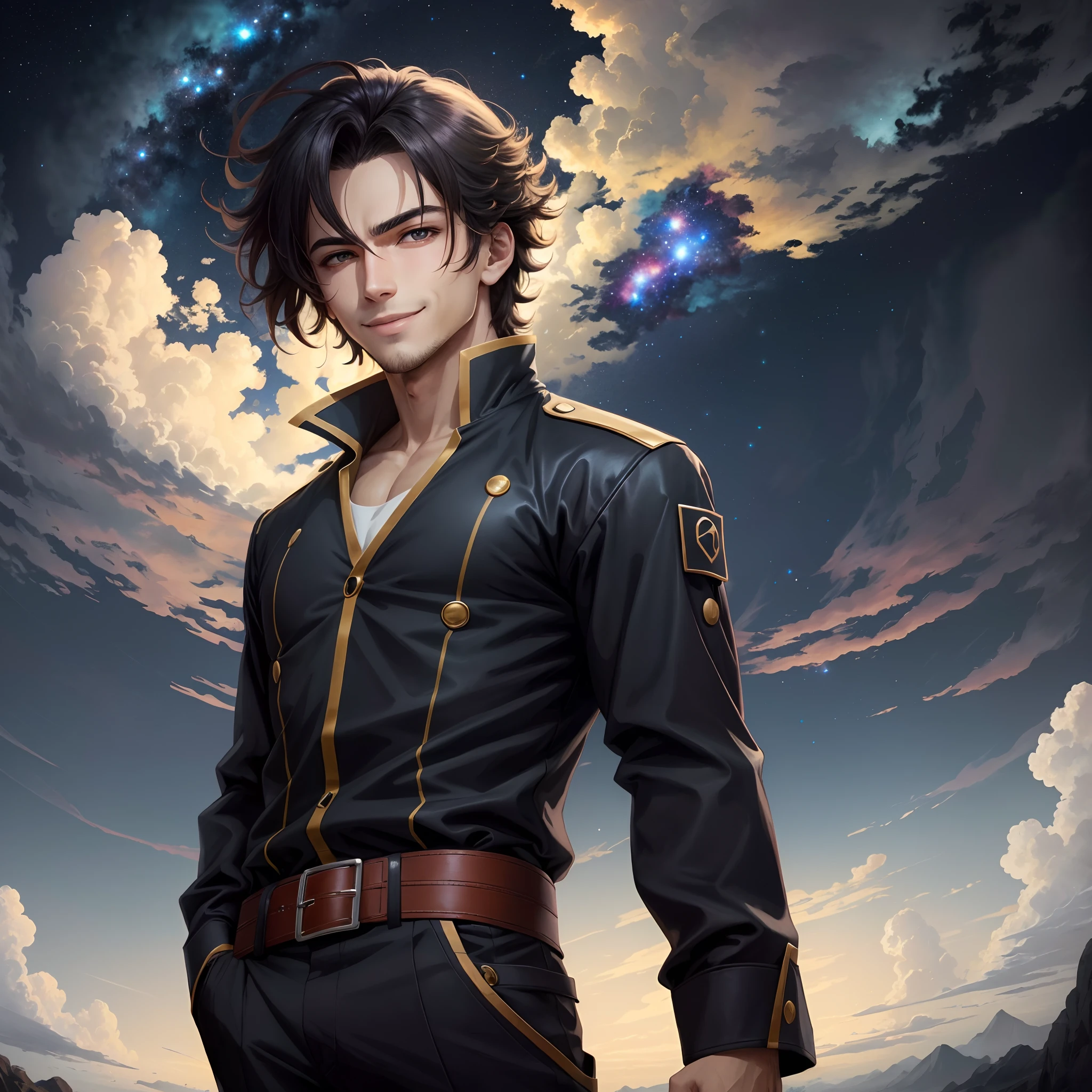Um homem de anime, cabelos pretos formais, olhos avermelhados, terno preto, sorriso malicioso, hands in a pocket, uma aura roxa ao redor, A cosmic sky