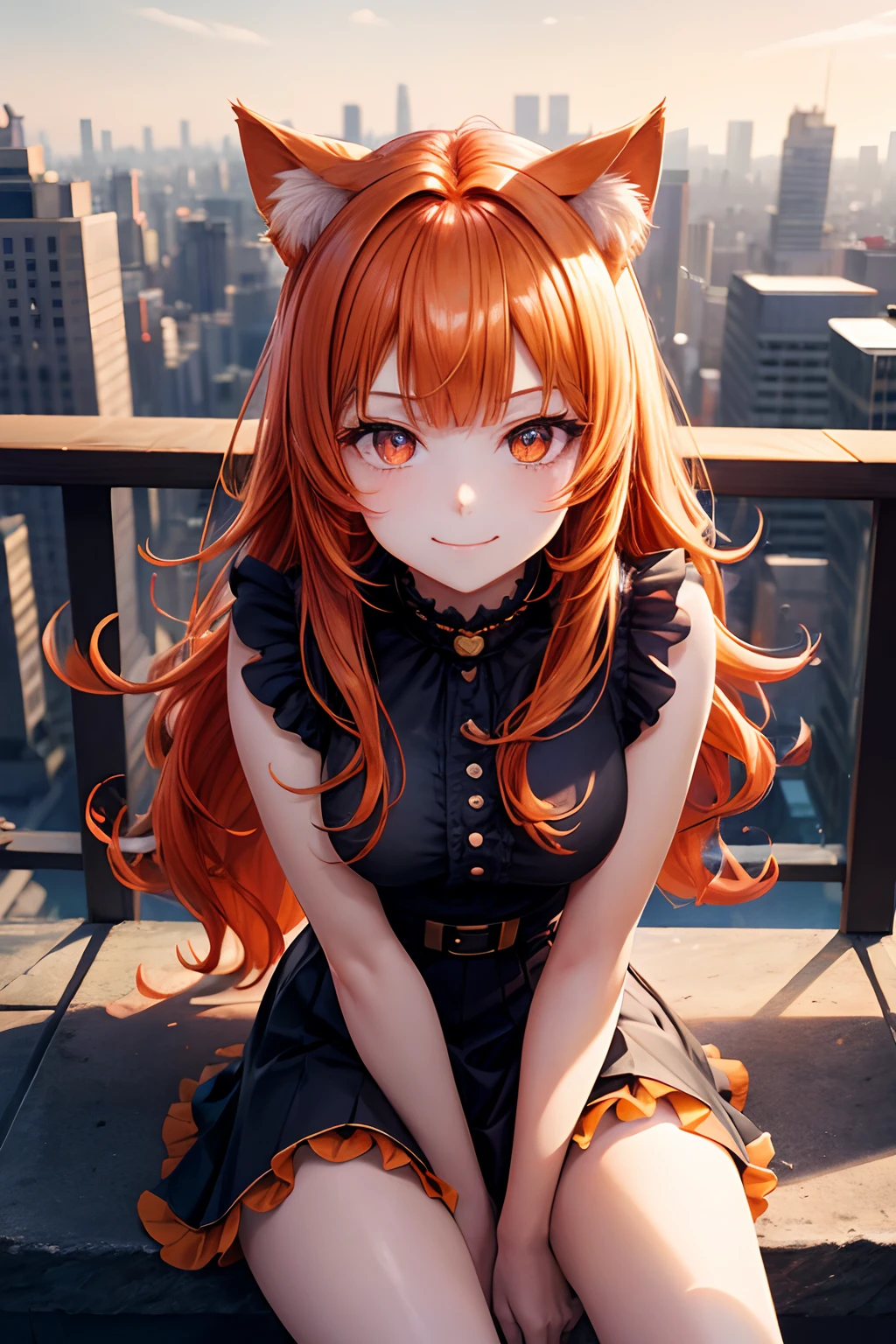 Top quality, high resolution, perfect human structure, background focus, front view, orange hair, shiny hair, in the city, sitting, looking at the sky, cat ears, heart shaped pupils, blunt bangs, wavy hair, shiny hair, evil smile, gradient eyes ruffled skirts, ruffles