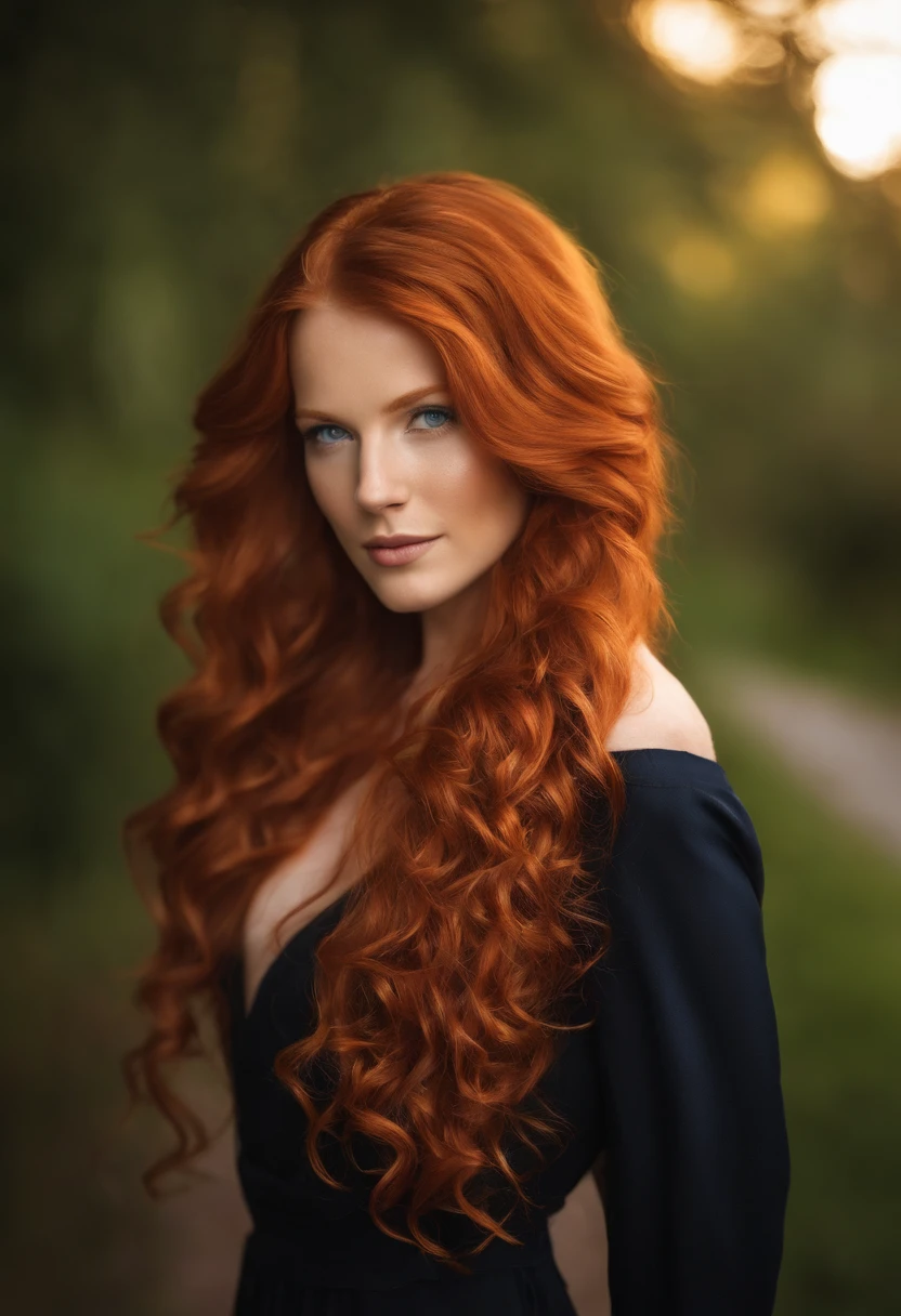 arafed woman with long red hair and blue eyes posing for a picture, curly copper colored hair, orange skin and long fiery hair, orange flowing hair, ginger wavy hair, flowing ginger hair, red curled hair, long curl red hair, red hair and attractive features, orange glowing hair, beautiful redhead woman, wavy big red hair, wild ginger hair, standing on a sidewalk