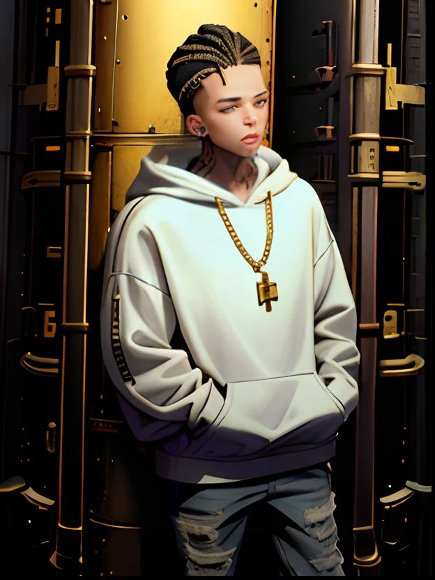 Cute, lightskin, male, brown taper fade braids, black hoodie, tattoos, silver chain, gold watch, baggy jeans, white high tops