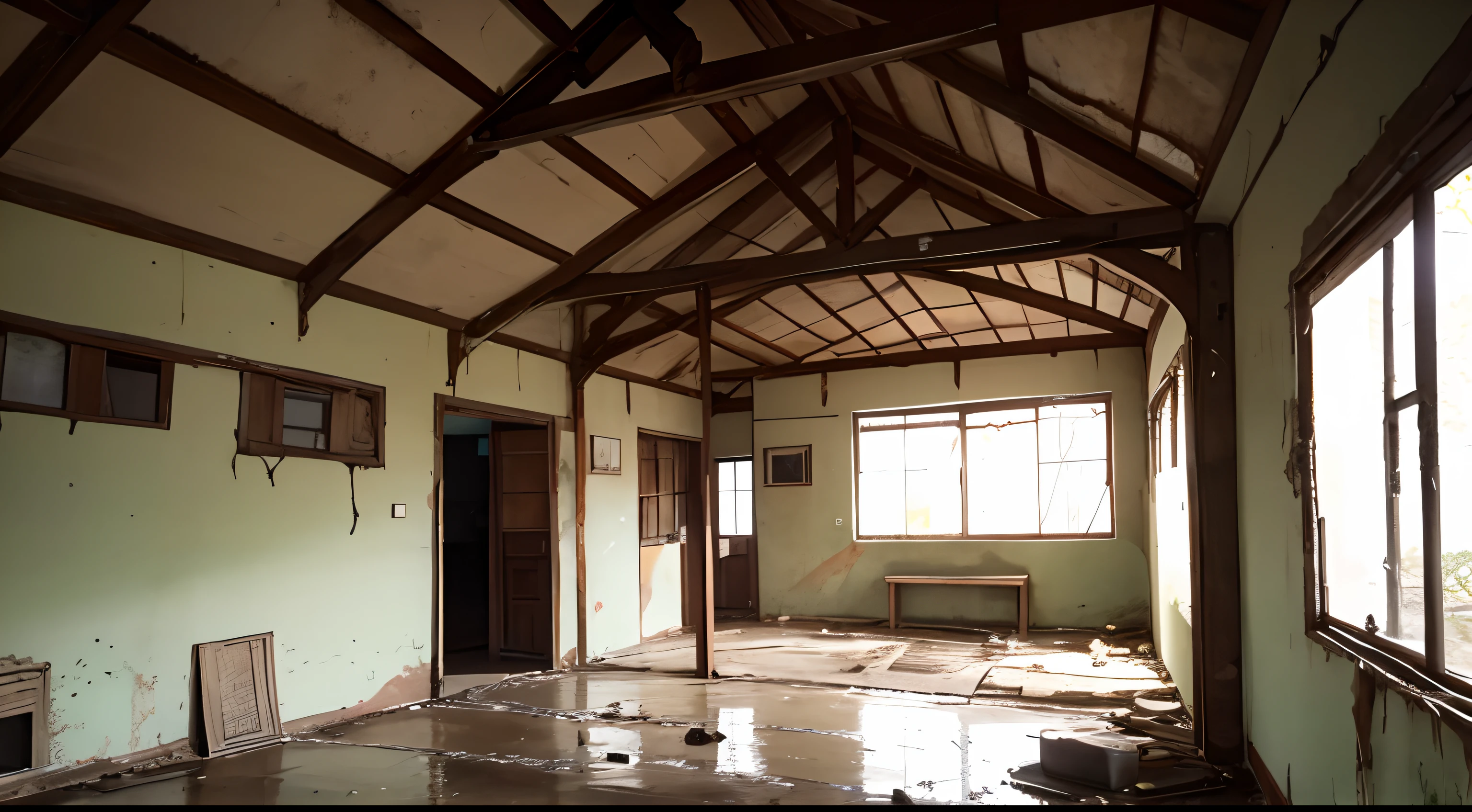 Interior of old bungalow from walking inside, decrepit, cold