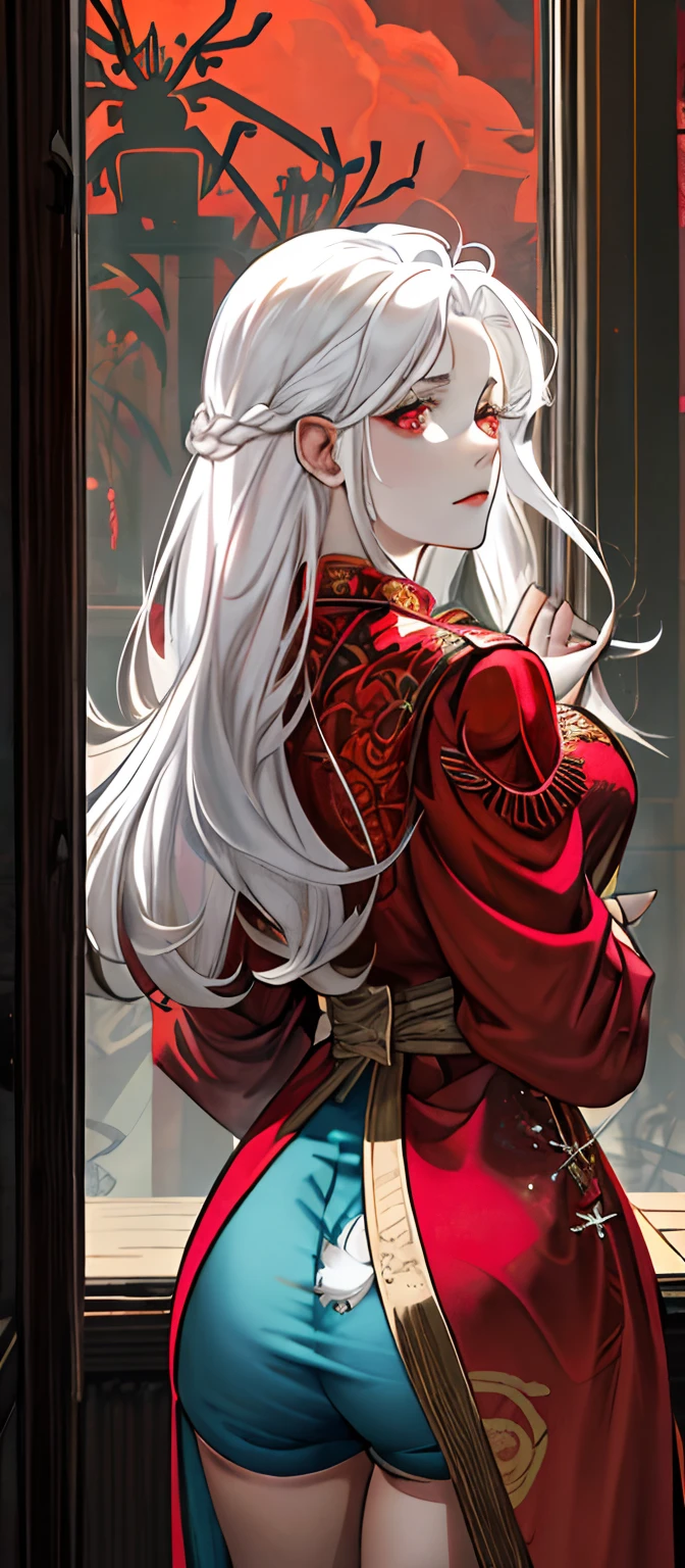 1female, White hair, Red eyes, (woman,Royal Sister_Shot:1.2), Ass focus, Long hair, side locks,Dangerous expressions,Extreme panic,Close-up of the front of the butt,After being violated ,Scared,(terrified:1.1) expression,Watching from behind,Back view, Atmospheric lighting, Moody, Darkness, In an abandoned old museum, Clear glass display case full of interesting items, Dusty, Post-apocalypse, spiderwebs, masterful, Beautiful 8k wallpaper,Camel hooves ,Extremely detailed, Intricate,a warm color palette,Half naked chest,huge tit(D),plethora of colors,bright sun,Wear a gorgeous coat,Wear a red cheongsam inside,Broken clothes,a queen,Beautiful young woman,big assa(f),Cocked buttocks