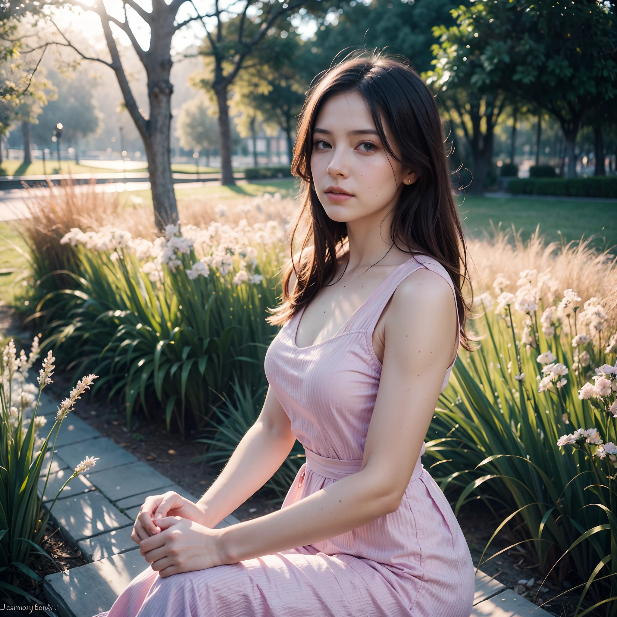 portrait of a cute woman,in park, reeds, (backlighting), realistic, masterpiece, highest quality, lens flare, shade, bloom, [[chromatic aberration]], by Jeremy Lipking, by Antonio J. Manzanedo, digital painting,pink dress