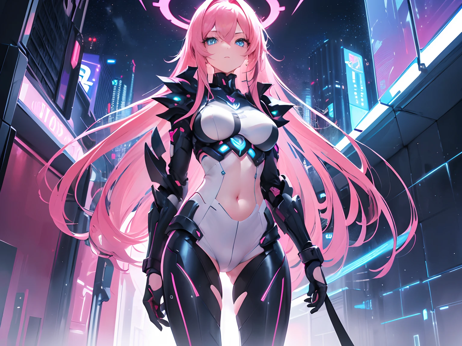 ((Masterpiece, Highest quality)), Detailed face, Beautiful face, full bodyesbian, Full of details, Highly detailed, Depth, Beautiful girl with pink hair,with hair dishevelled,long pink hair,Sick,White pupils,The legs are very thin,The legs are long, blue eyelashes, masterpiece, 1girl ((20year old, futuristic mech armor exposes navel, medium breasts, flirting, looking towards camera, standing in the middle of a sci-fi futuristic urban street, neon lights and towering skyscrapers, futuristic and energetic atmosphere), ((nighttime)) ((low camera angle, ground view)) Tall and tall,Thin, 8k, ultrarealistik, oficial art,