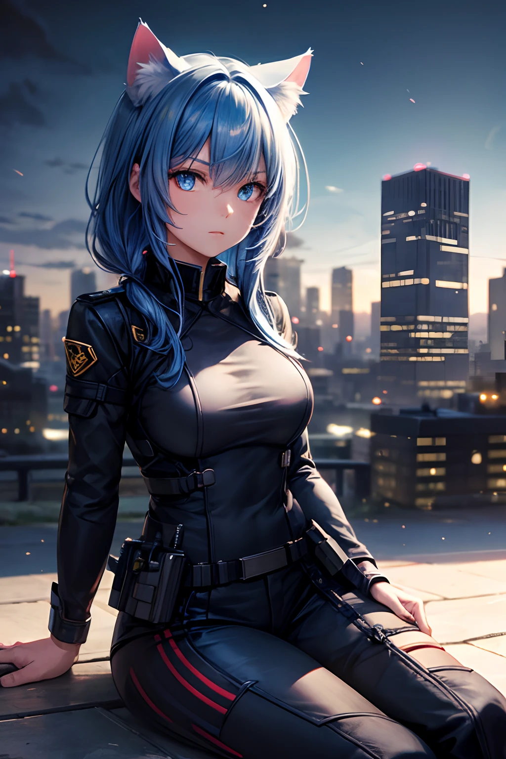 Top quality, high resolution, perfect human structure, background focus, front view, glowing hair, cat ears, blue hair, bangs pinned back, combat uniform, city, night sky, sitting, determined, glowing eyes