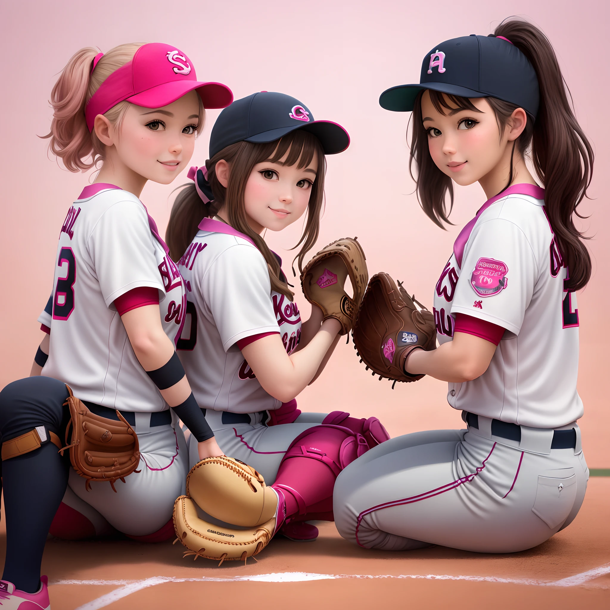 Can you make two hello kitty's sitting on top of names Layla and Mariah with softball gloves and softball in glove an pink background