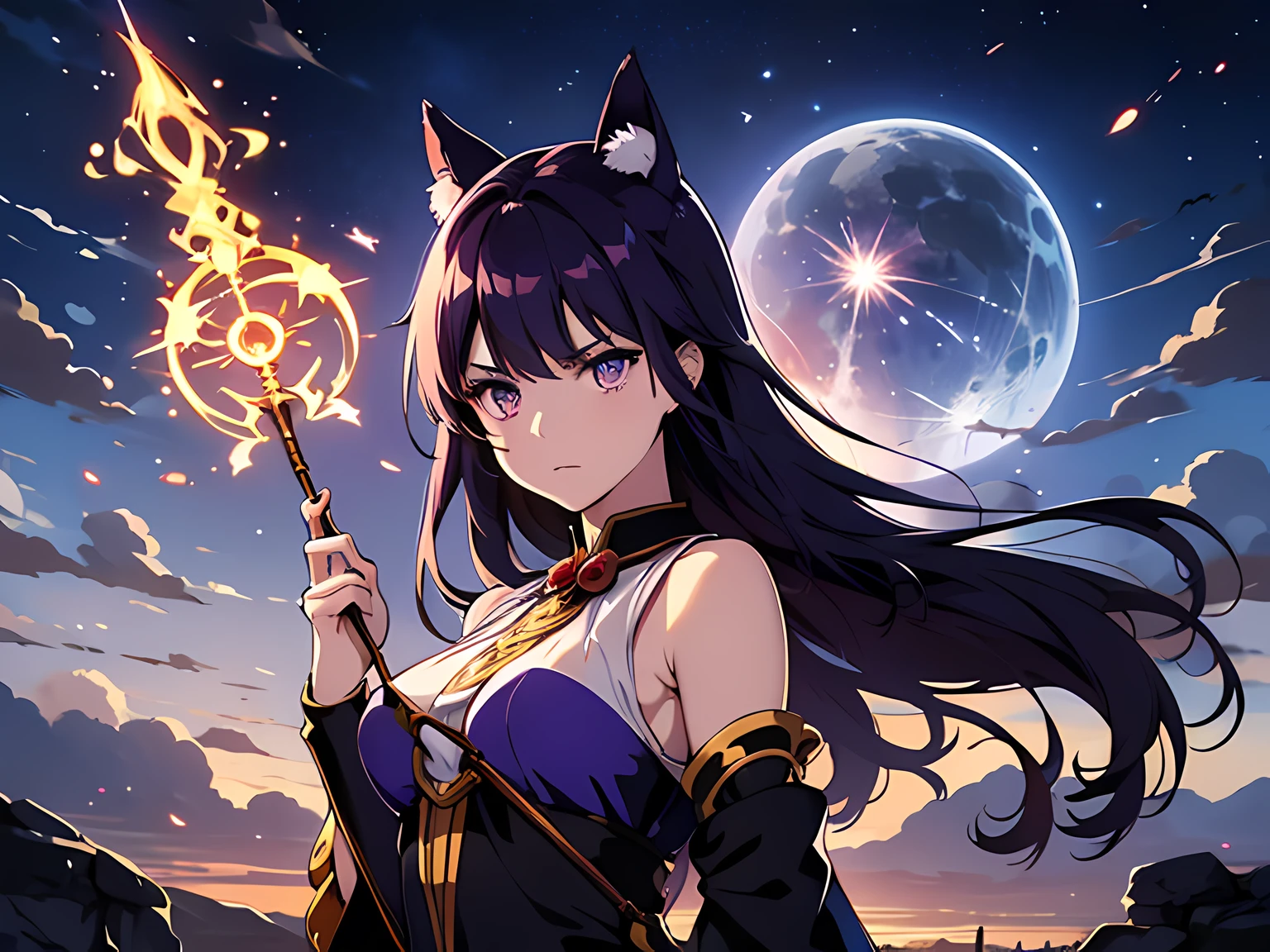 (1 nekomimi girl, without human ears), (beautiful eyes finely detailed, Face to detail, dark purple hair), half body, her clothes are blue in light and dark tones, with details in golden color, she wears a white shirt with fancy ornaments, angry facial expression, holding a mystic staff, she hold mystic staff with flames coming out from her mystic staff and casting powerful magic spell, The background is a magical circle in mahoutsukai no yome style, the scenery is during doomsday, masterpiece, top-quality, detailed, High resolution illustration, backlighting