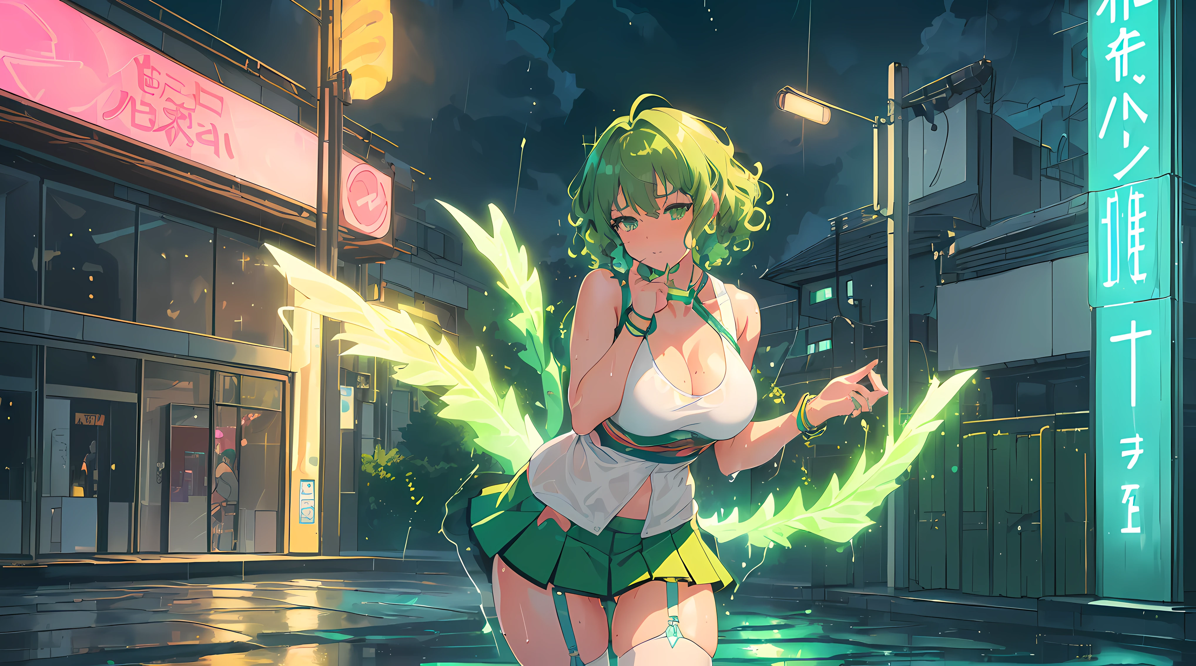 16K, HDR, UHD, RTX, ray tracing, illustration, award winning, beautiful women youtuber,((extremely cute and beautiful green curly-haired women),(short breasts:1.4),(((green curly hair:1.35,very curly hair,colored inner hair,ear breathing,short hair))),(((green_eyes:1.3))),intricate eyes,beautiful detailed eyes,symmetrical eyes,big eyes:1.3,((fat)),(((lustrous skin:1.5,bright skin: 1.5,skin tanned,shiny skin,very shiny skin,shiny body,plastic glitter skin,exaggerated shiny skin,illuminated skin,wet legs))),detailed body,(detailed face),cute,slutty,seductive,erotic,(((nsfw))),zettai ryouiki,revealing clothing,show skin,((rave mini-skirt,visible thong straps,white loose tank top with an anime art print)),((wet clothes,intricate outfit,intricate clothes)),(dynamic pose:1.0),embarrassed,(centered,scale to fit dimensions,Rule of thirds),cyberpunk city by the ocean at night, with bright neon signs and dark stormy clouds and puddles, scenery:1.25,artistic photography.