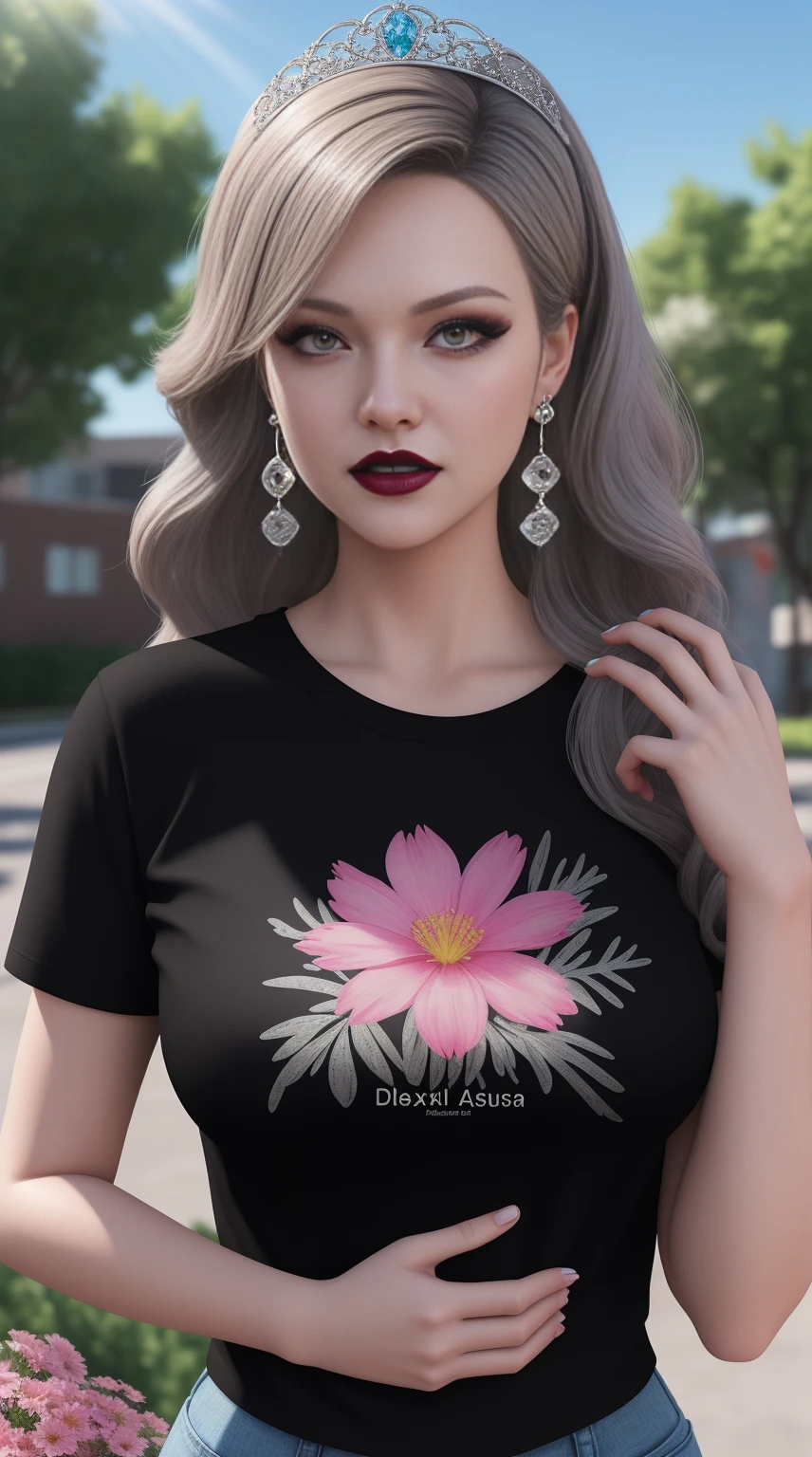 alexis texas anime 3d Photorealistc, high quality, silver chest armor, full make up, huge eyelashes, large earrings, Black t-shirt, Dark lips, outdoor, sunlight, flowers on tiara