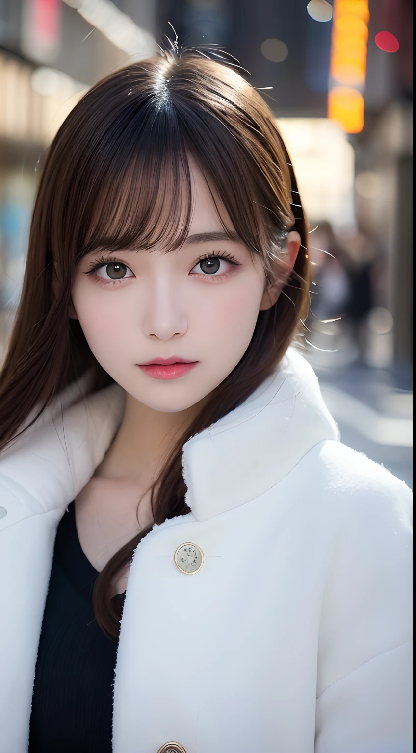 masutepiece, Best Quality, Illustration, Ultra-detailed, finely detail, hight resolution, 8K Wallpaper, Perfect dynamic composition, Beautiful detailed eyes, Winter clothes,Medium Hair,small tits,Natural Color Lip, Harajuku、20 years girl、Cute、Show a sexy look to the camera,Face that feels ecstasy,Blur background