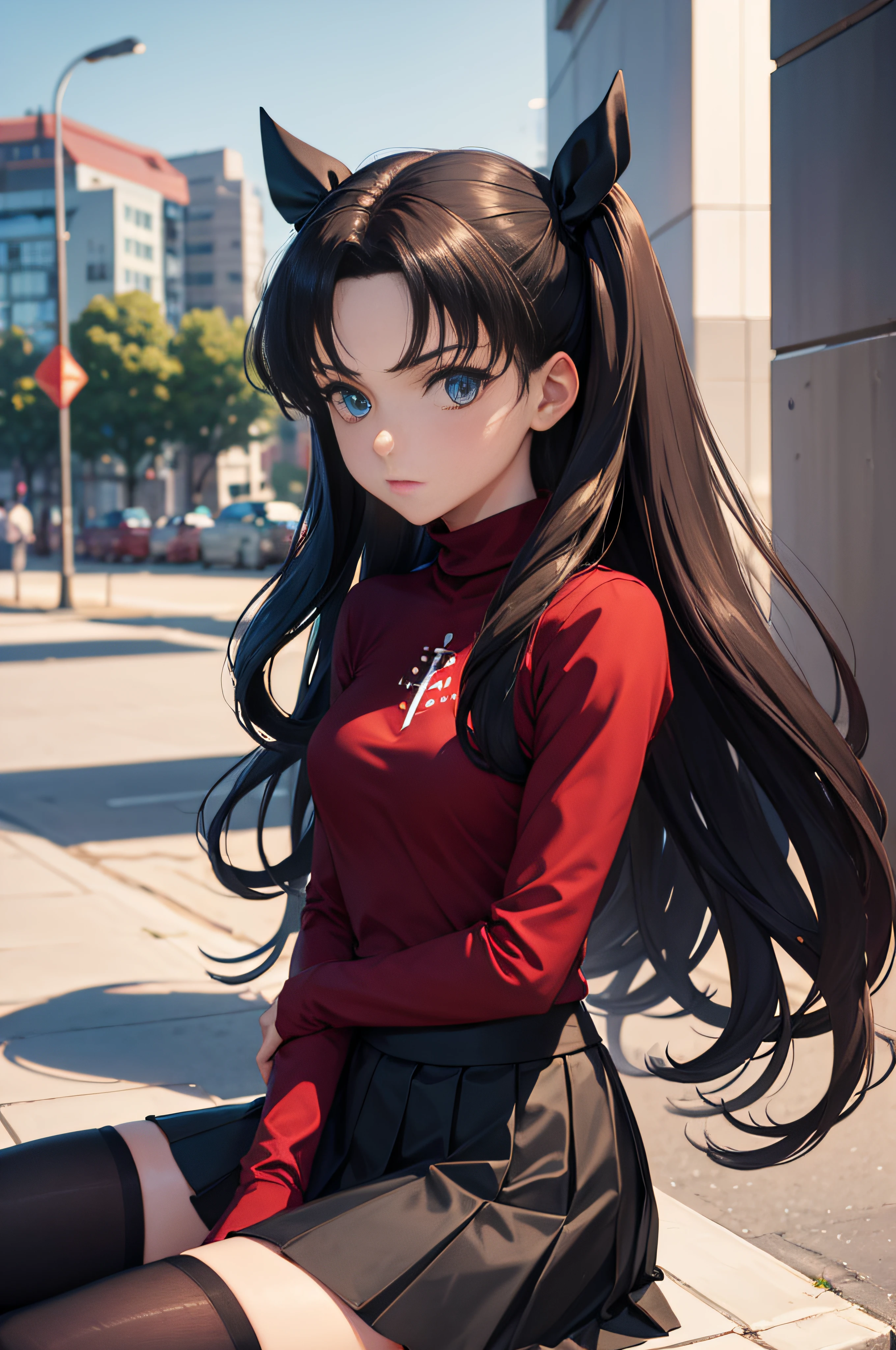 (masterpiece), best quality, expressive eyes, perfect face, 1girl, solo, rintohsaka, rin tohsaka, aqua eyes, black hair, hair ribbon, long hair, ribbon, sidelocks, two side up, black skirt, black thighhighs, long sleeves, miniskirt, pleated skirt, ((red sweater)), skirt, sweater, thighhighs, turtleneck, city background, sitting, character sheet, upper body, portrait, looking at viewer
