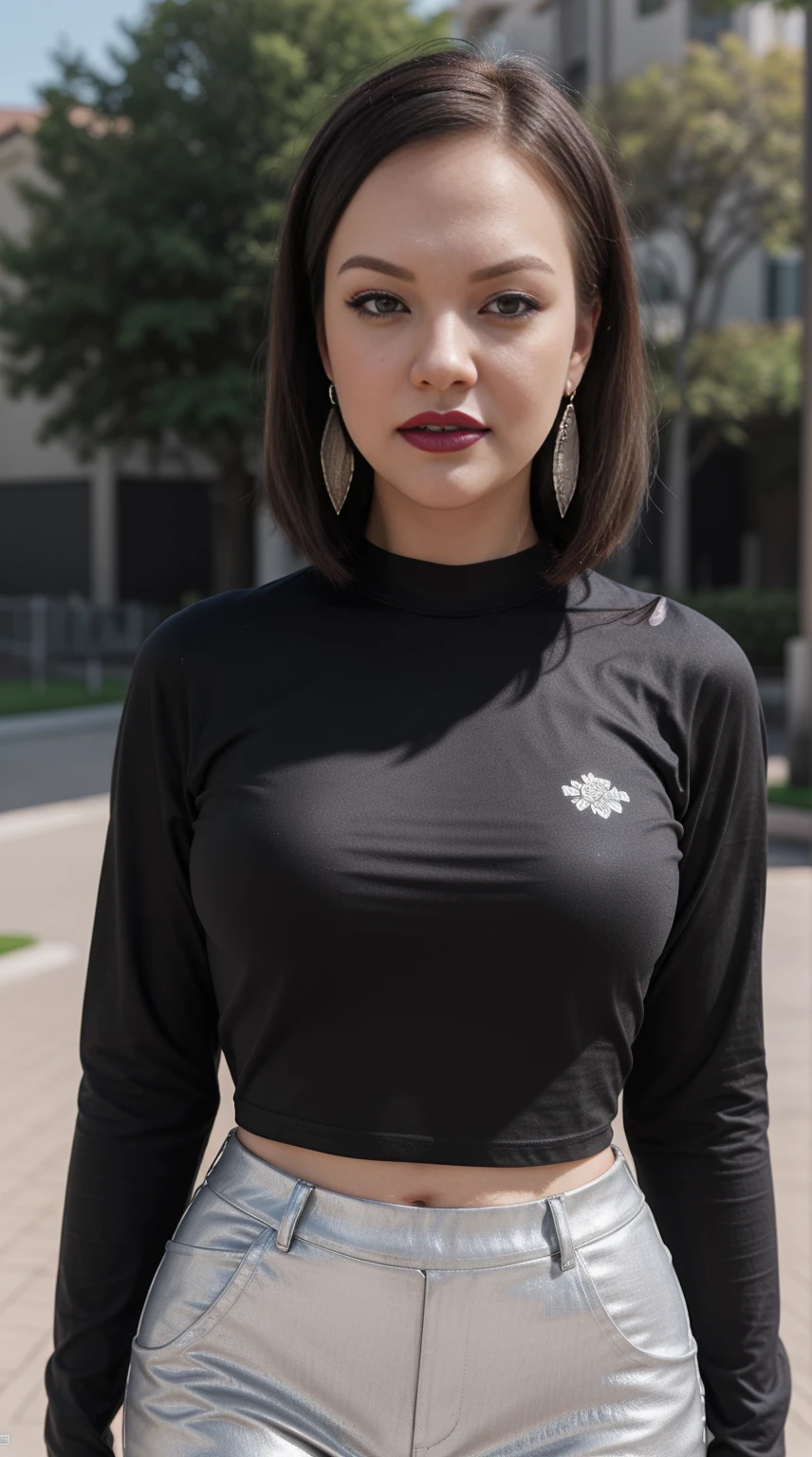 alexis texas anime 3d Photorealistc, high quality, silver chest armor, full make up, huge eyelashes, large earrings, Black t-shirt, Dark lips, outdoor, sunlight, flowers on tiara