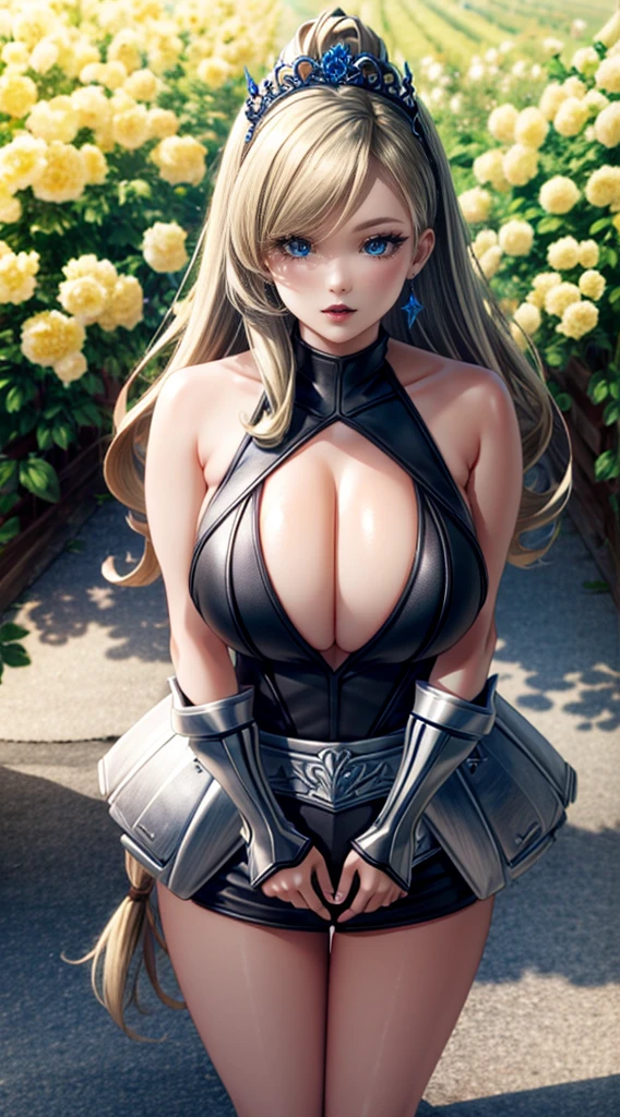 alexis texas anime 3d Photorealistc, high quality, silver chest armor, full make up, huge eyelashes, large earrings, Black t-shirt, Dark lips, outdoor, sunlight, flowers on tiara