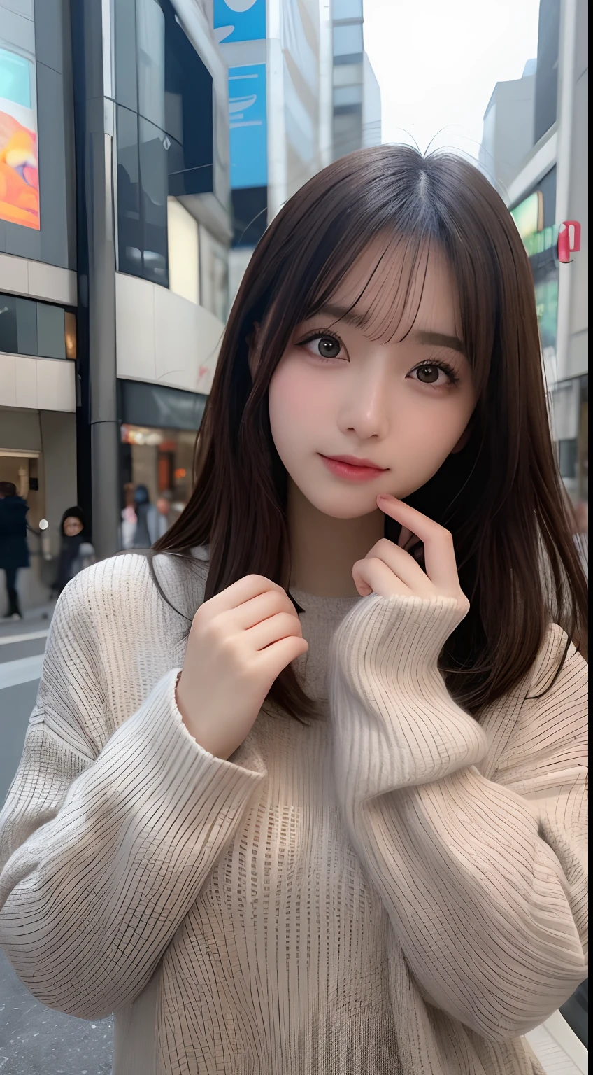 masutepiece, Best Quality, Illustration, Ultra-detailed, finely detail, hight resolution, 8K Wallpaper, Perfect dynamic composition, Beautiful detailed eyes, Winter clothes,Medium Hair,small tits,Natural Color Lip, Harajuku、20 years girl、Cute、Show a sexy look to the camera,Face that feels ecstasy,Blur background