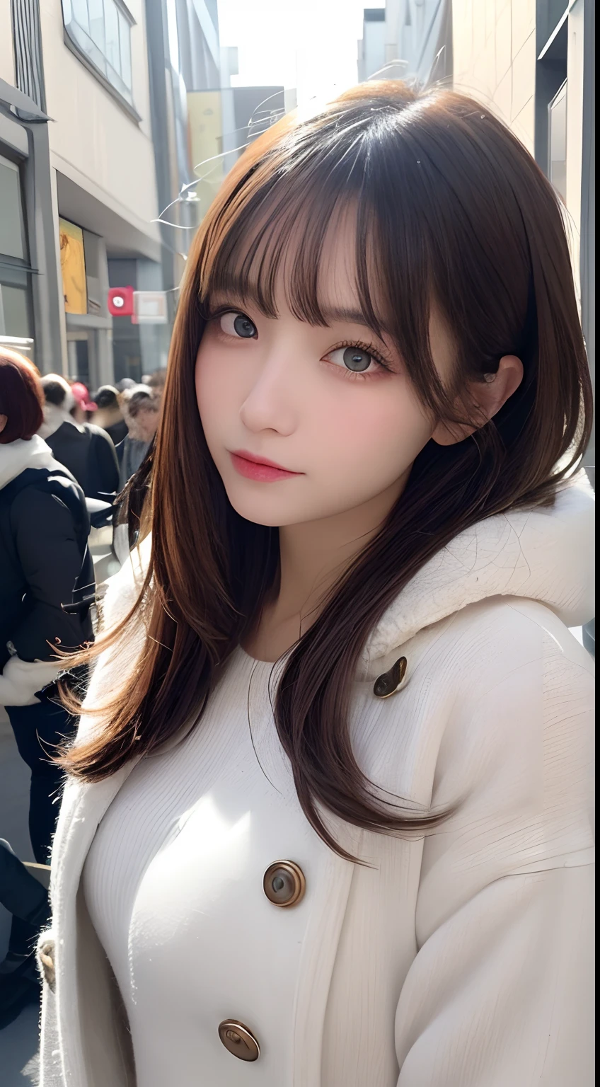 masutepiece, Best Quality, Illustration, Ultra-detailed, finely detail, hight resolution, 8K Wallpaper, Perfect dynamic composition, Beautiful detailed eyes, Winter clothes,Medium Hair,small tits,Natural Color Lip, Harajuku、20 years girl、Cute、Show a sexy look at the camera,A face feeling ecstasy