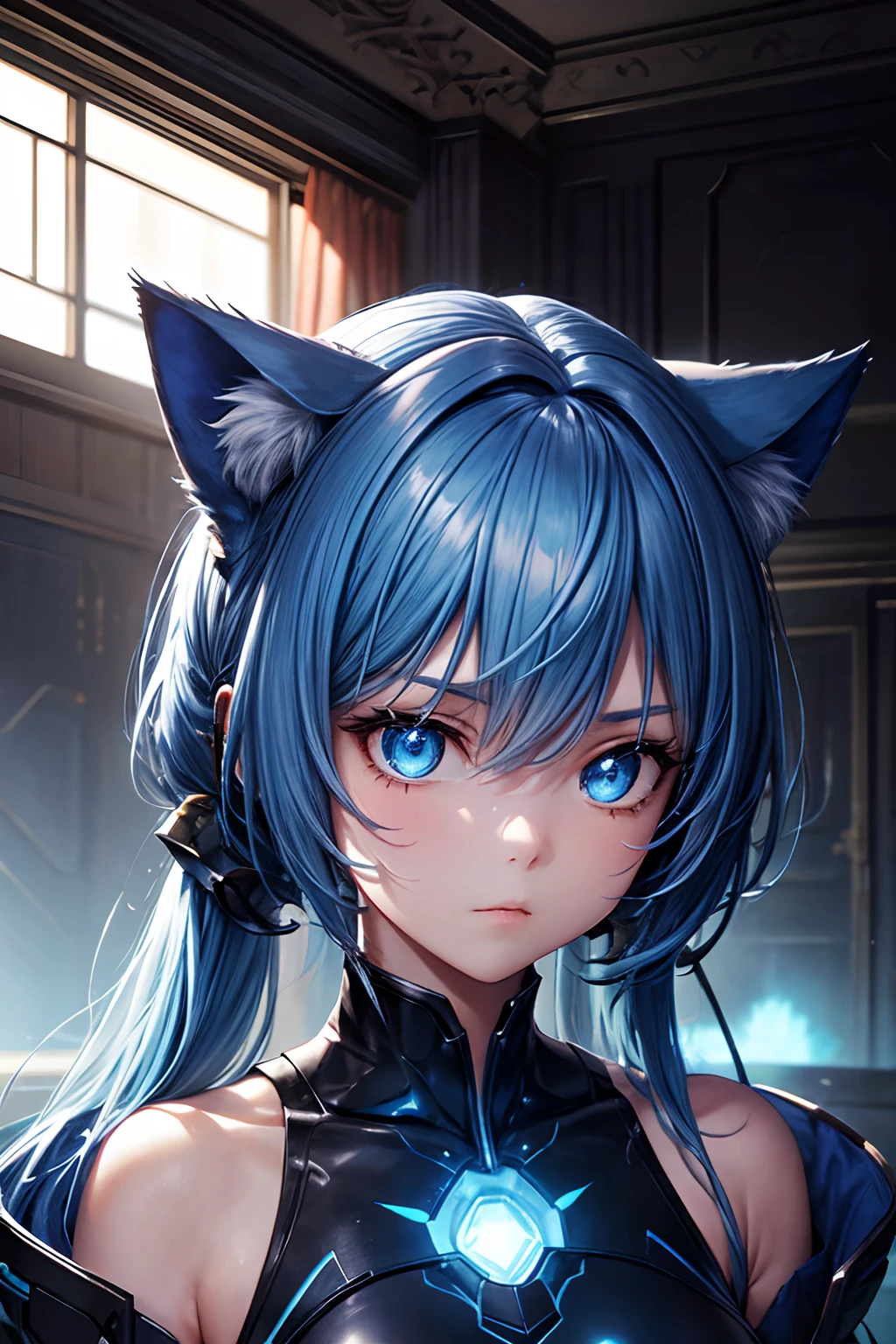 Top quality, high resolution, perfect human structure, background focus, front view, glowing hair, cat ears, blue hair, bangs pinned back, battle dress, in room, back against wall, resting, determined, glowing eyes