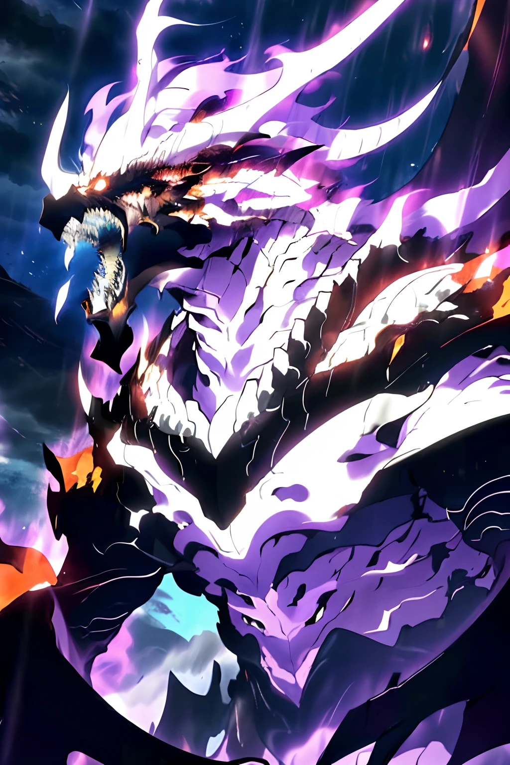(best quality,4k,8k,highres,masterpiece:1.2),ultra-detailed,(realistic,photorealistic,photo-realistic:1.37),dragon with glowing, piercing eyes and sharp, detailed scales, majestic and powerful , glowing fire streaming from its mouth, vicious and fearsome, flying through a dark and stormy sky, wings spread wide, creating an awe-inspiring silhouette, with dark clouds swirling around its colossal form. The dragon is surrounded by an aura of mystic energy, crackling and pulsating with every beat of its wings. The scene is set in a mystical, ancient world, with mountains and misty valleys stretching into the distance. The colors are rich and vibrant, with deep shades of purple and blue dominating the sky, contrasting with the fiery orange and red of the dragon's flames. The lighting is dramatic, with beams of moonlight cutting through the clouds and casting a haunting glow on the dragon's scales. Overall, the image exudes a sense of power, mystery, and danger, capturing the essence of a soul-devouring dragon.