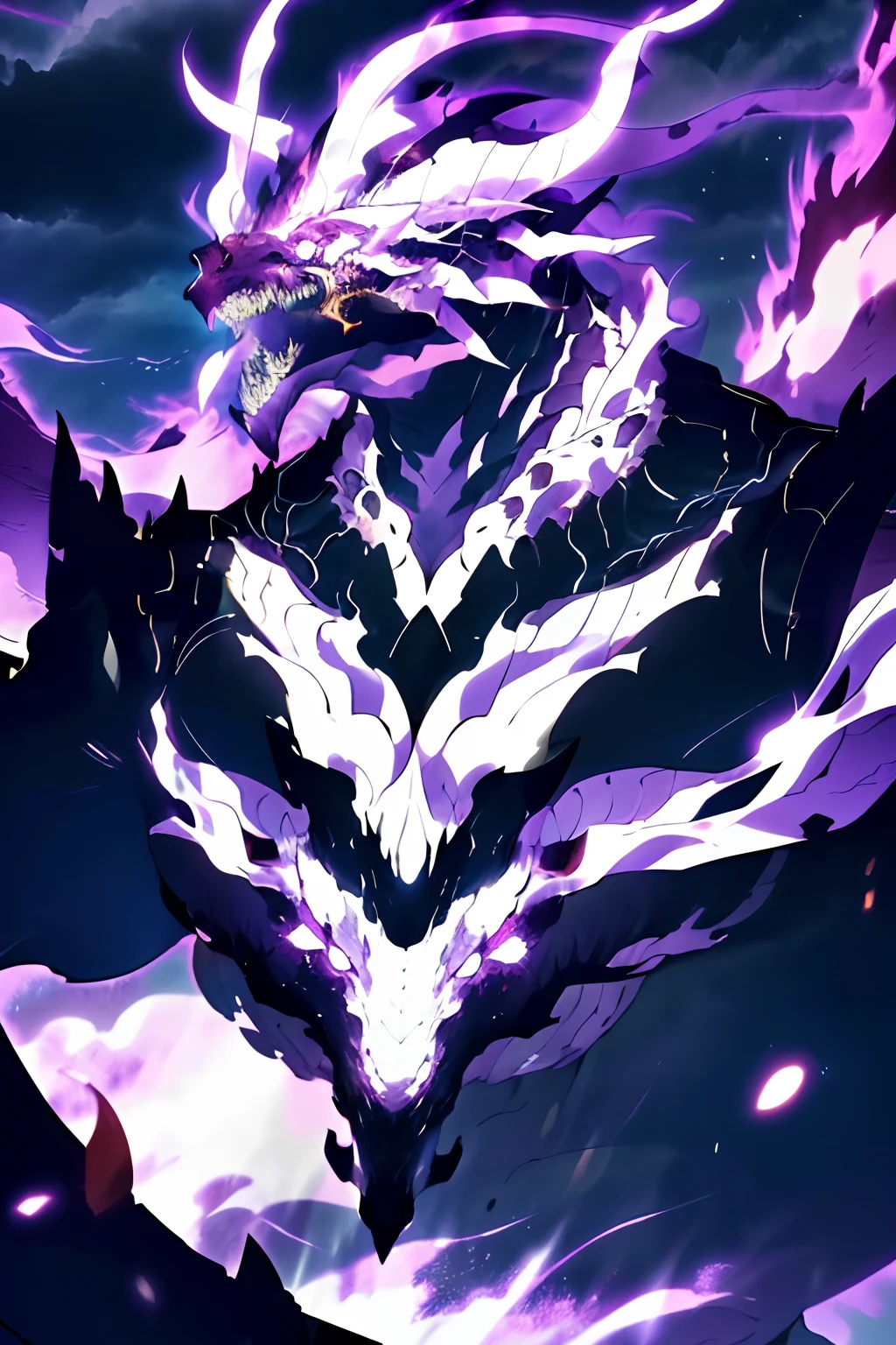 (best quality,4k,8k,highres,masterpiece:1.2),ultra-detailed,(realistic,photorealistic,photo-realistic:1.37),dragon with glowing, piercing eyes and sharp, detailed scales, majestic and powerful , glowing fire streaming from its mouth, vicious and fearsome, flying through a dark and stormy sky, wings spread wide, creating an awe-inspiring silhouette, with dark clouds swirling around its colossal form. The dragon is surrounded by an aura of mystic energy, crackling and pulsating with every beat of its wings. The scene is set in a mystical, ancient world, with mountains and misty valleys stretching into the distance. The colors are rich and vibrant, with deep shades of purple and blue dominating the sky, contrasting with the fiery orange and red of the dragon's flames. The lighting is dramatic, with beams of moonlight cutting through the clouds and casting a haunting glow on the dragon's scales. Overall, the image exudes a sense of power, mystery, and danger, capturing the essence of a soul-devouring dragon.