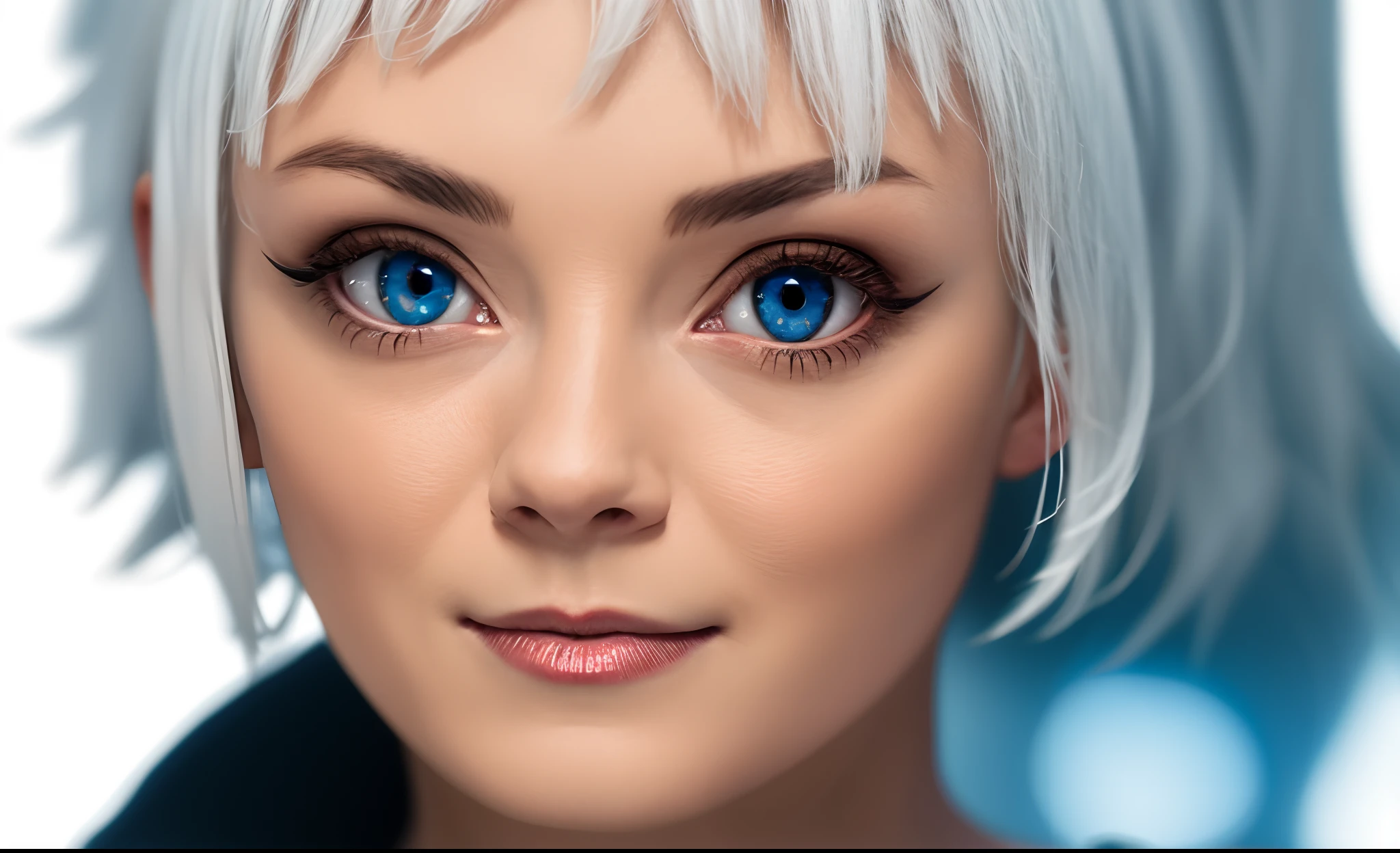 woman with white hair and bright blue eyes