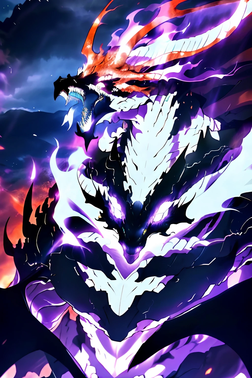 (best quality,4k,8k,highres,masterpiece:1.2),ultra-detailed,(realistic,photorealistic,photo-realistic:1.37),dragon with glowing, piercing eyes and sharp, detailed scales, majestic and powerful , glowing fire streaming from its mouth, vicious and fearsome, flying through a dark and stormy sky, wings spread wide, creating an awe-inspiring silhouette, with dark clouds swirling around its colossal form. The dragon is surrounded by an aura of mystic energy, crackling and pulsating with every beat of its wings. The scene is set in a mystical, ancient world, with mountains and misty valleys stretching into the distance. The colors are rich and vibrant, with deep shades of purple and blue dominating the sky, contrasting with the fiery orange and red of the dragon's flames. The lighting is dramatic, with beams of moonlight cutting through the clouds and casting a haunting glow on the dragon's scales. Overall, the image exudes a sense of power, mystery, and danger, capturing the essence of a soul-devouring dragon.
