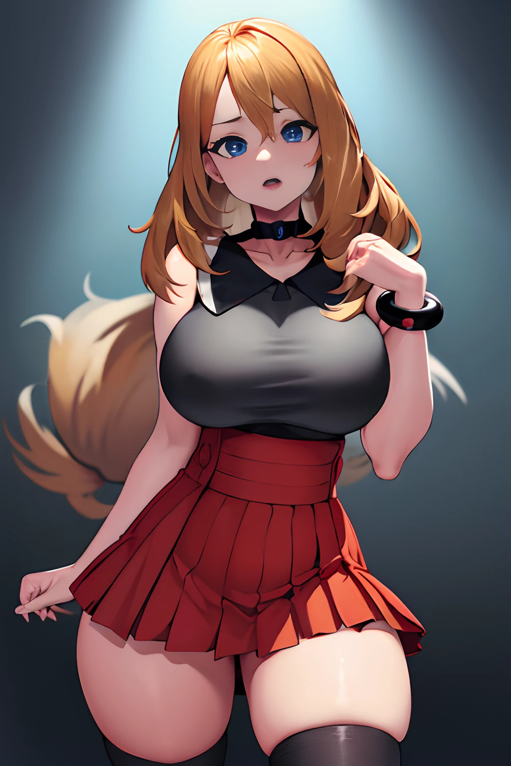 ​masterpiece, top-quality, Hi-Res, blue eyess, Serena\(A pokémon\), 1girl in, 独奏, thighs thighs thighs thighs, length hair, jewely, A bracelet, black thighhighs, shirt with collar, pleatedskirt, a red skirt, sleeveless, high waist skirt, sleeveless shirts, eye lashes, Black shirt,, cowboy  shot, deph of field, ((thick thighs)), huge breasts, midriff