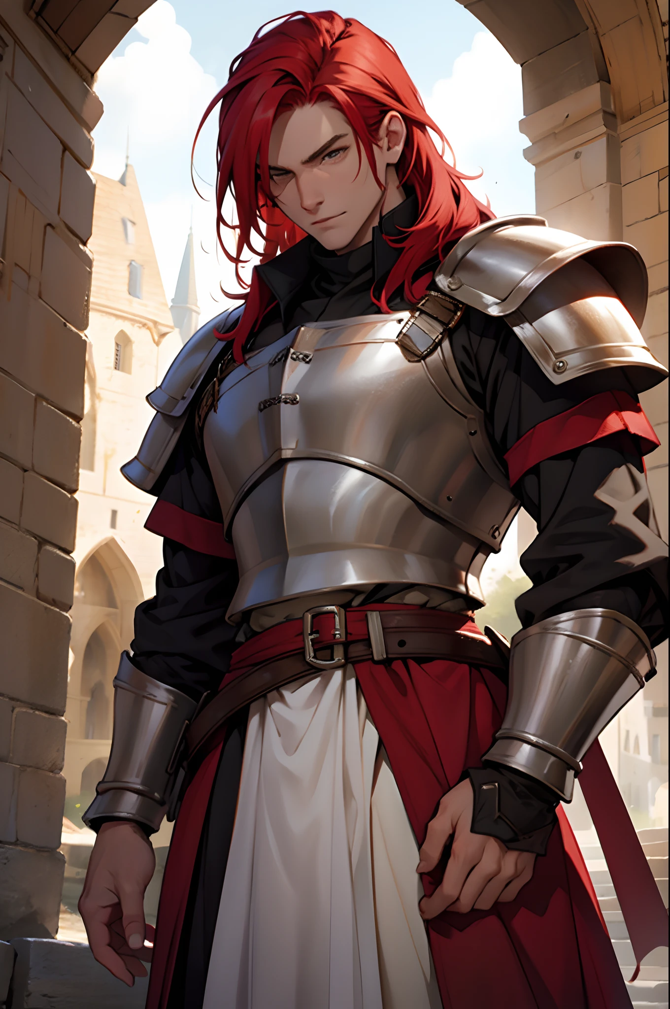 best quality, masterpiece, upper body,
Devlin,
Young men,
Red and messy hair,
Bend the double Angle forward,
Black eyes,
Brown skin armour,
A delicate face,
Smelly face