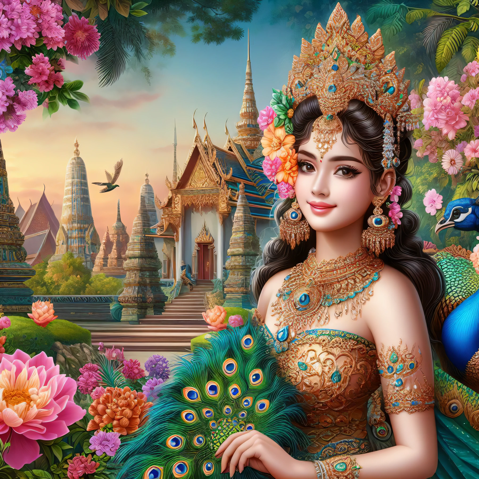 a close up of a woman in a green dress holding a peacock, thailand art, a beautiful fantasy empress, beautiful avatar pictures, 4k highly detailed digital art, 8k high quality detailed art, gilded lotus princess, beautiful digital art, beautiful digital artwork, beautiful art uhd 4 k, goddess of love and peace, detailed fantasy digital art