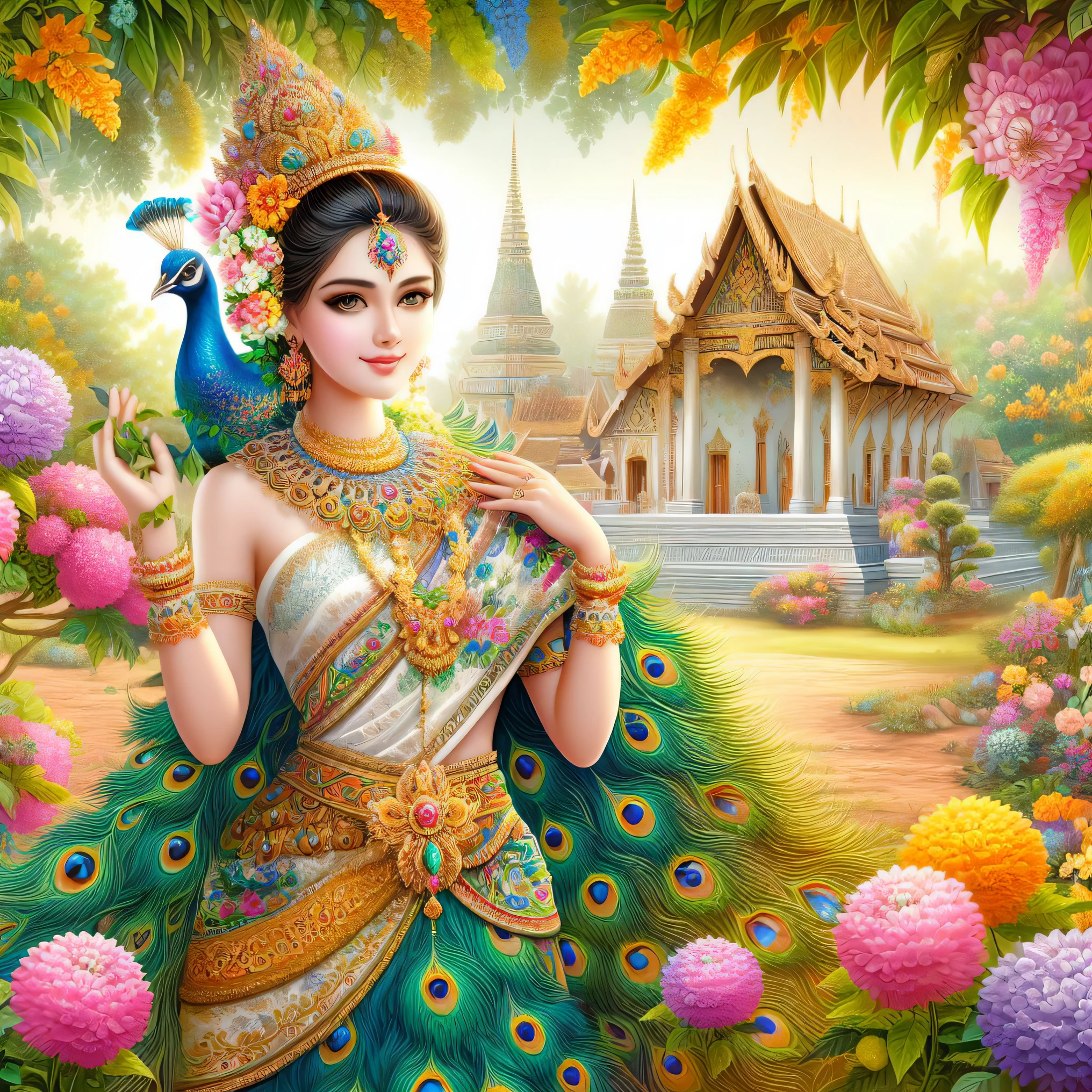 a woman in a peacock costume holding a peacock in her hand, thailand art, a beautiful fantasy empress, indian goddess of wealth, goddess of love and peace, beautiful goddess, beautiful digital artwork, beautiful art uhd 4 k, beautiful digital art, beautiful gorgeous digital art, a goddess in a field of flowers, very beautiful digital art, a beautiful artwork illustration