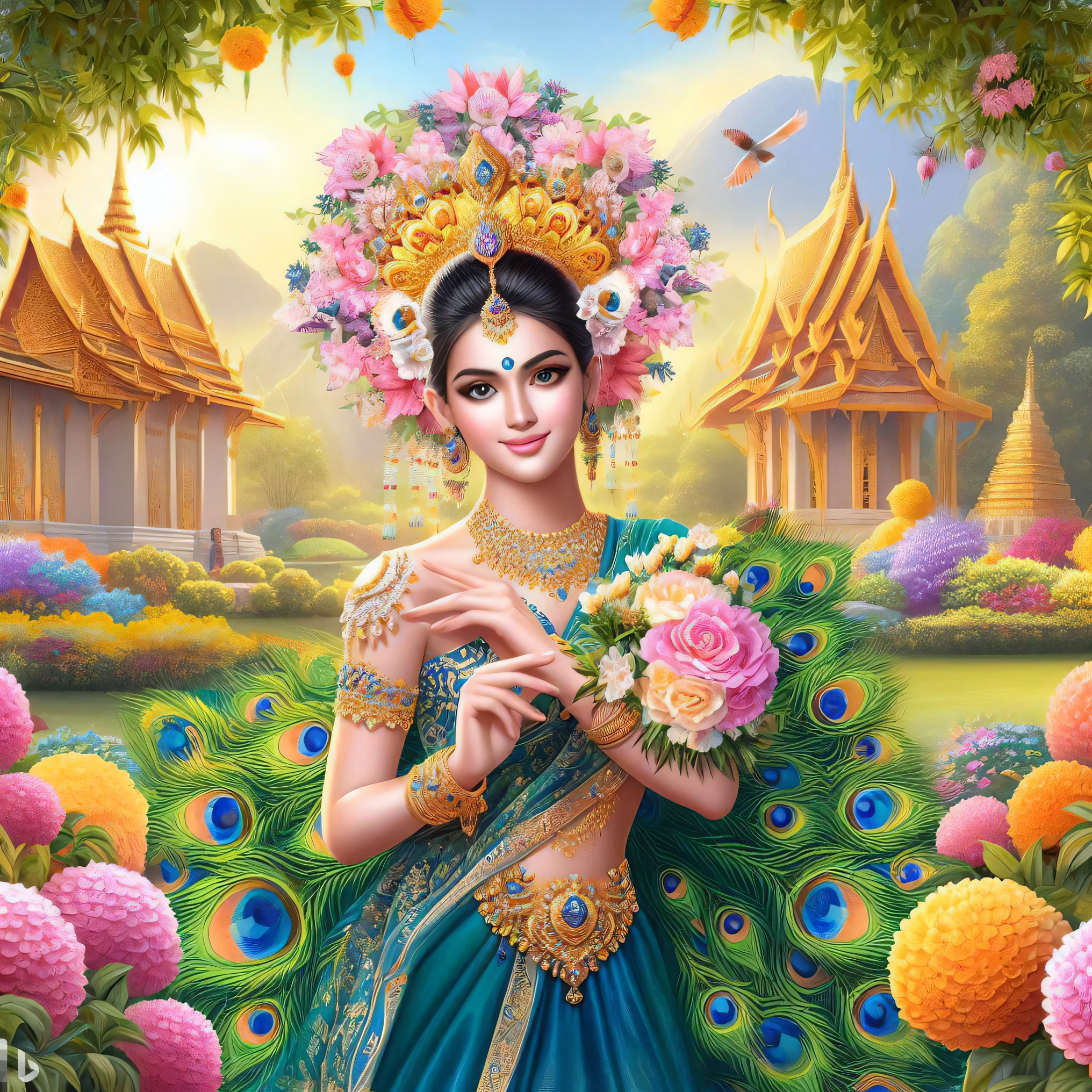 a painting of a woman in a blue dress holding flowers, goddess of love and peace, thailand art, flower goddess, indian goddess of wealth, a goddess in a field of flowers, beautiful goddess, portrait of a beautiful goddess, a beautiful fantasy empress, painting of beautiful, beautiful digital artwork, traditional beauty, nivanh chanthara, goddess of beauty