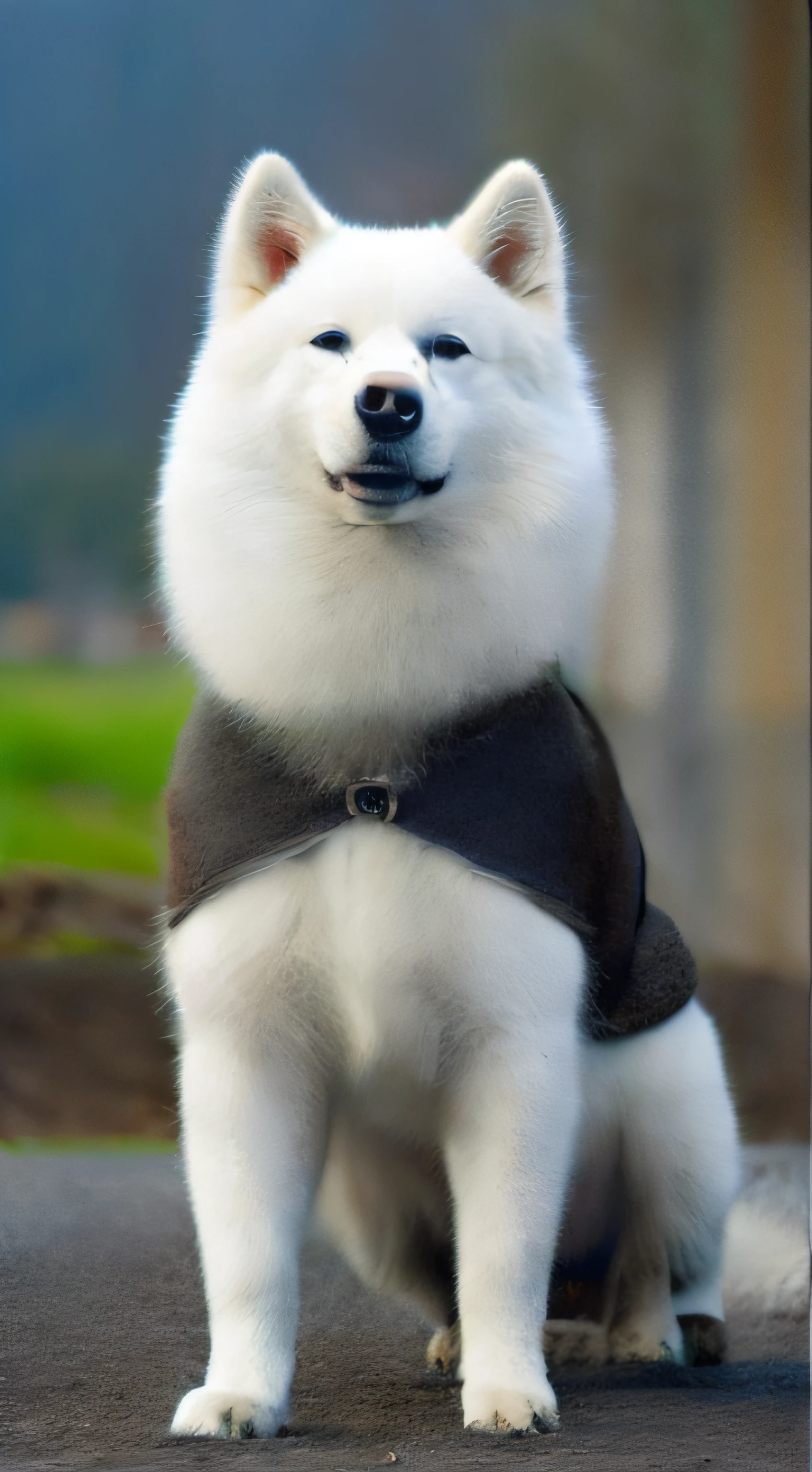 kintamani, Alaskan Malamute dog, looking at viewer, sitting, wearing cool glasses and black jacket, boots