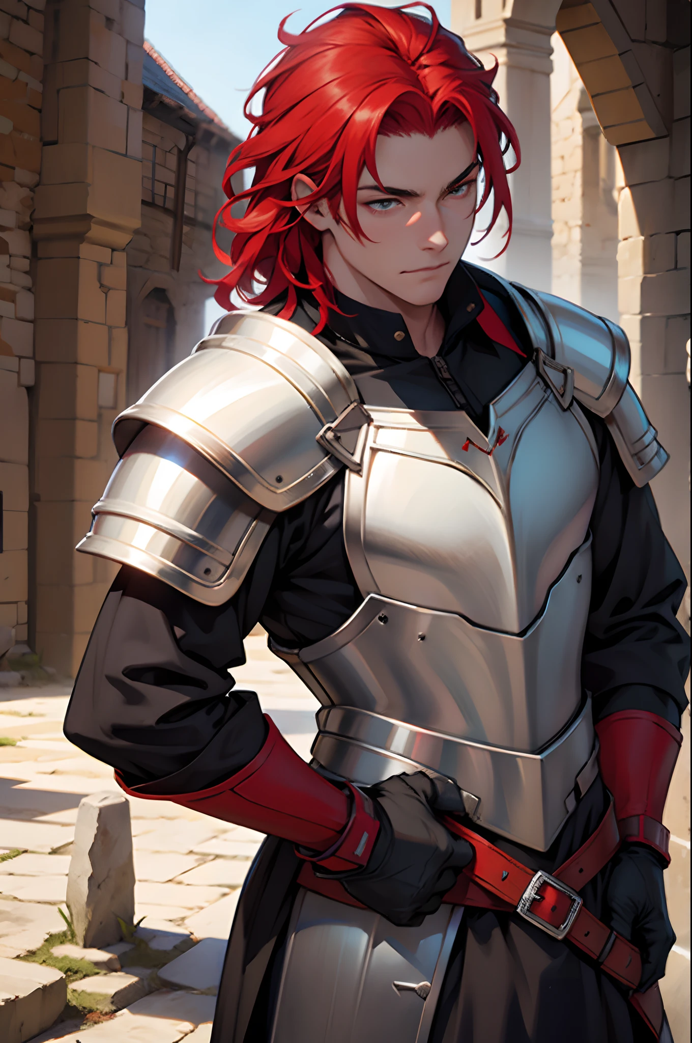 red hairs, one man, using a medieval armor, white skin