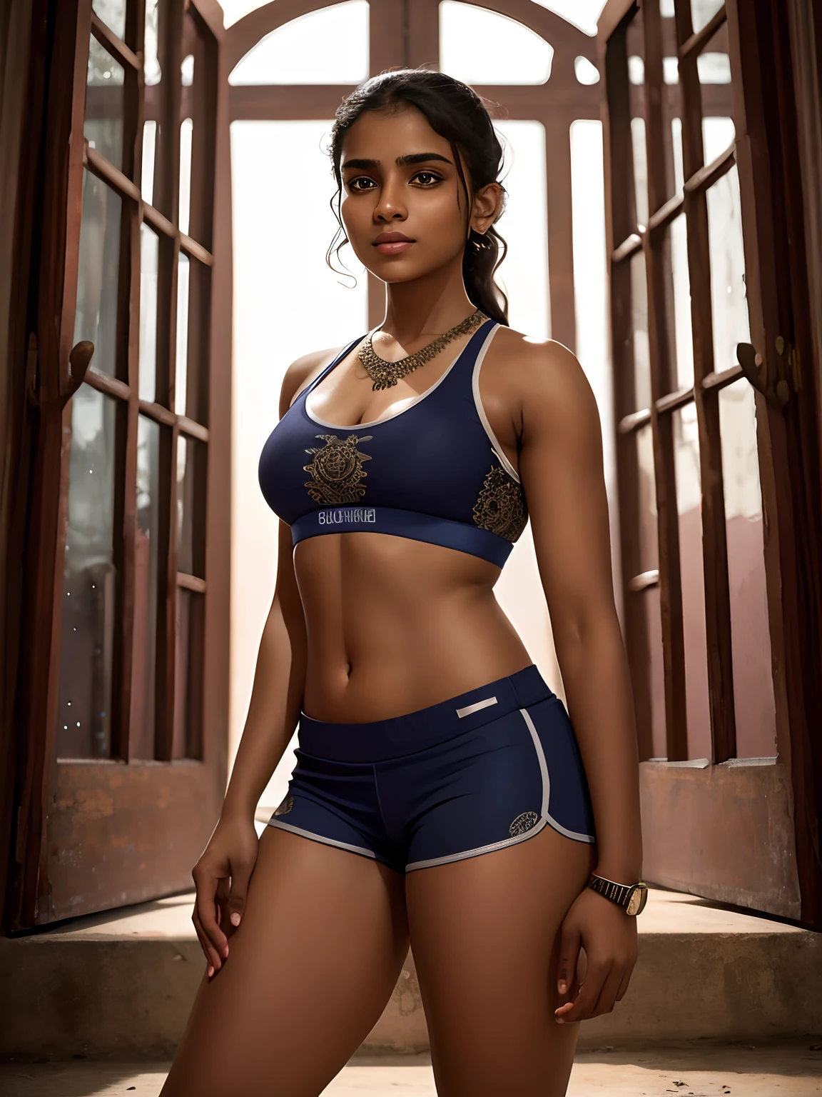 night scenario, dim lights, bold photoshoot, wide angle extremely long shot, gorgeous beautiful 20 years old south indian girl (smile:0.6), an abandoned palace, (intricate details:1.6 rusty gates windows doors dim lights flickering lights patch walls broken staircase in the background) she is doing heavy exercise wearing sports bra shorts sports shoes, ear studs necklace wrist watch, sweat droplets on her body here and there, eyes symmetry, textured skin, (intricated meticulously detailed:1.6 faces & eyes & ears & nose & lips & body parts), hyper maximized objects