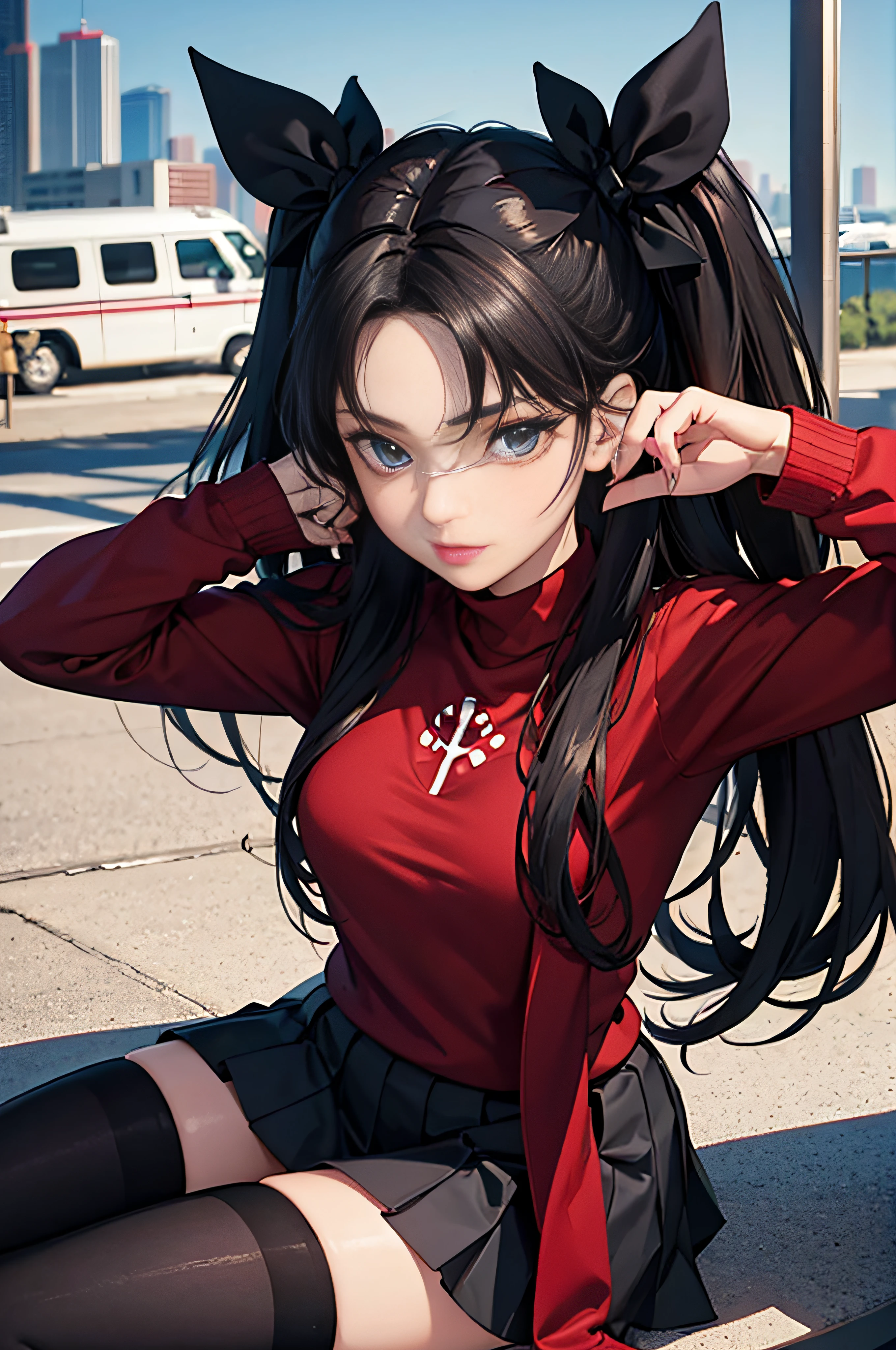 (masterpiece), best quality, expressive eyes, perfect face, 1girl, solo, rintohsaka, rin tohsaka, aqua eyes, black hair, hair ribbon, long hair, ribbon, sidelocks, two side up, black skirt, black thighhighs, long sleeves, miniskirt, pleated skirt, ((red sweater)), skirt, sweater, thighhighs, turtleneck, city background, sitting, character sheet, upper body, portrait, looking at viewer