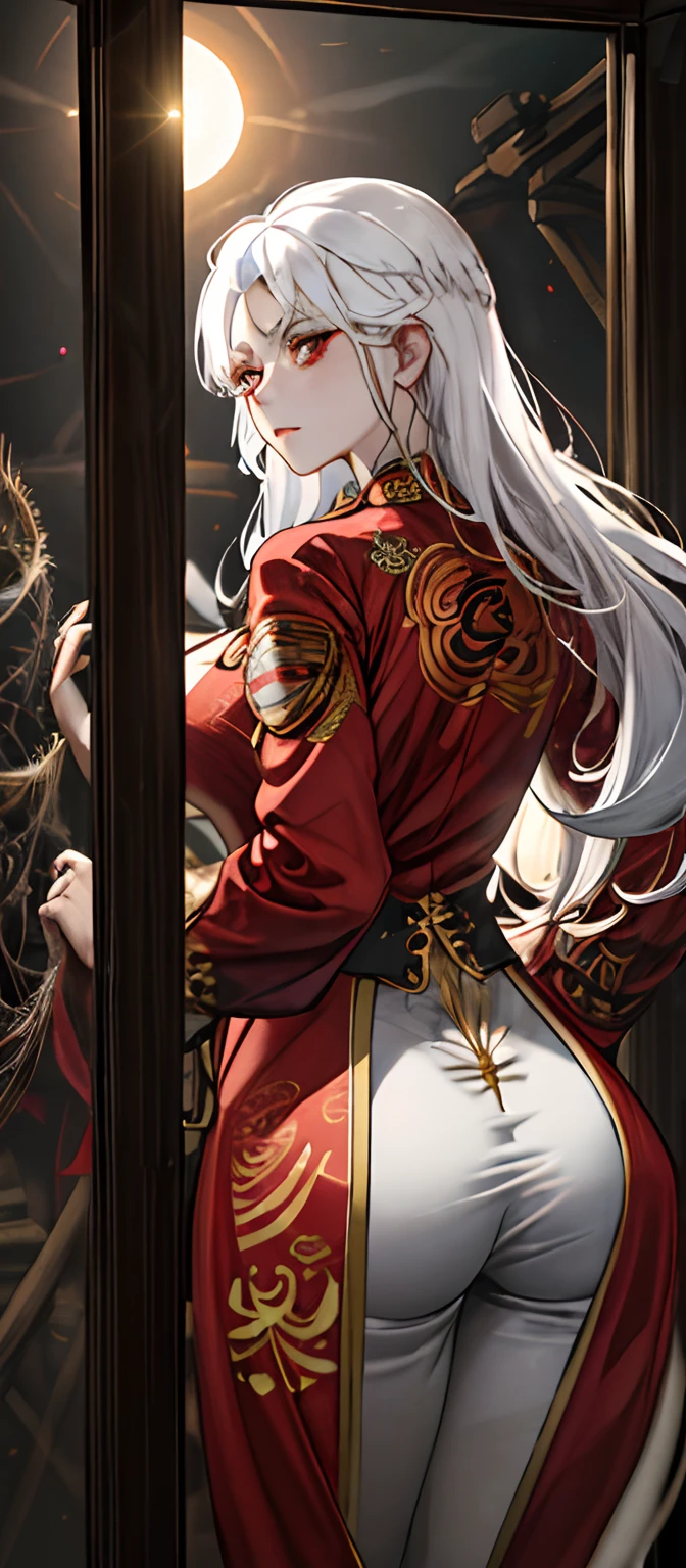 1female, White hair, Red eyes, (woman,Royal Sister_Shot:1.2), Ass focus, Long hair, side locks,Dangerous expressions,Extreme panic,Close-up of the front of the butt,After being violated ,Scared,(terrified:1.1) expression,Watching from behind,Back view, Atmospheric lighting, Moody, Darkness, In an abandoned old museum, Clear glass display case full of interesting items, Dusty, Post-apocalypse, spiderwebs, masterful, Beautiful 8k wallpaper,Camel hooves ,Extremely detailed, Intricate,a warm color palette,Half naked chest,huge tit(D),plethora of colors,bright sun,Wear a gorgeous coat,Wear a red cheongsam inside,Broken clothes,a queen,Beautiful young woman,big assa(f),Cocked buttocks
