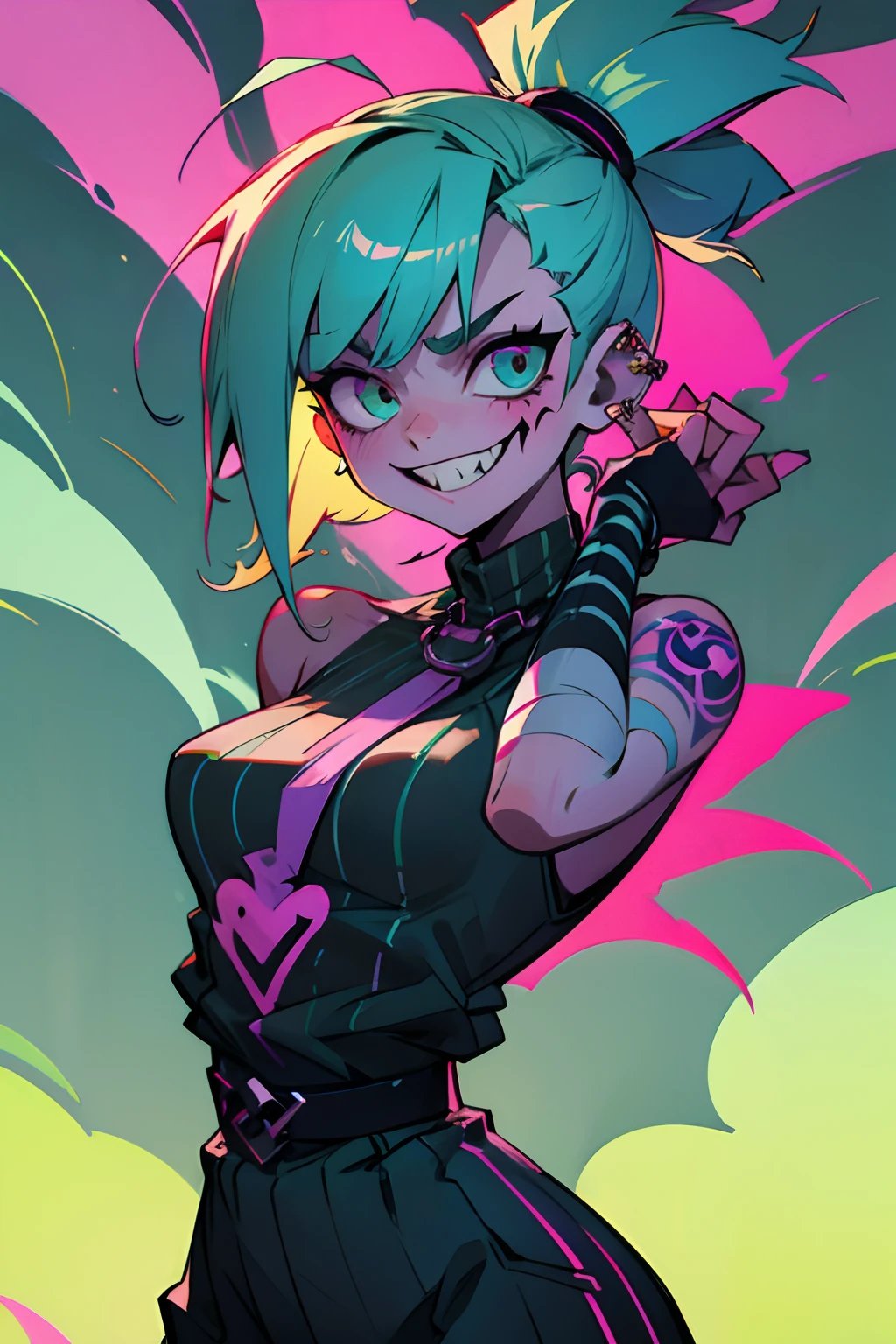 kpop girl, green sage hair, sweating, psycho minacing laugh, arms on back stays hidden, bandages, cool pose, fade cut green neon cyan colored hair, lust, bad ass, black, shows open smile sharp teeth, fadecut blue neon cloud style hair, tattoos on hands and neck, piercing, black mixed pink striped sweater, cool badass pose, smoke background