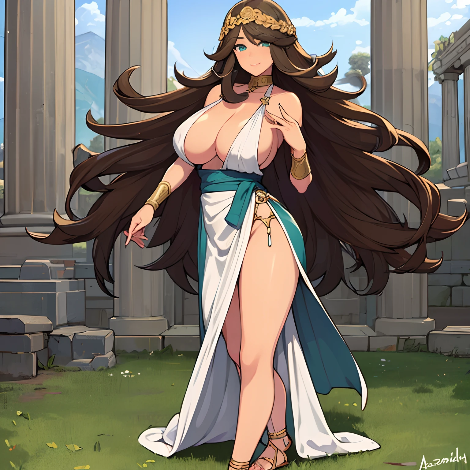 (masterpiece:1.2, best quality), realistic, (real picture, intricate details, depth of field), ((solo:1.2)), highly-detailed, gorgeous perfect face, (skindentation), ((absurdly long brown hair)), beautiful dark green eyes, (((white greek robe))), 1 shoulder strap, sandals, looking at viewer, confident smile, tanned skin, toned body, ((standing at a greek temple)), deep cleavage, sideboob