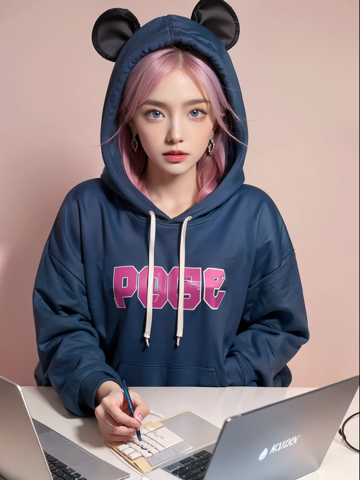 mika pikazo, 1girll, Blue eyes, Blue hoodie, Computer, Earrings, Hood, Hoodie, jewelry, keyboard (Computer), logo, Logo imitation, mouse (Computer), Multicolored eyes, Pink hair, recycle bin, Solo, White background, Yellow eyes, ,