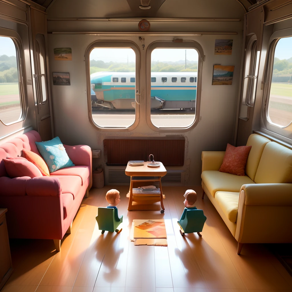 room, con juguetes, aviones y tren de juguete, piso de madera, foto realista
